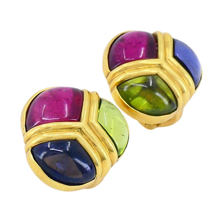 Vintage Bvlgari 18k Gold Saphir Peridot Iolith Edelstein Ohrringe im Zustand „Gut“ im Angebot in Beverly Hills, CA