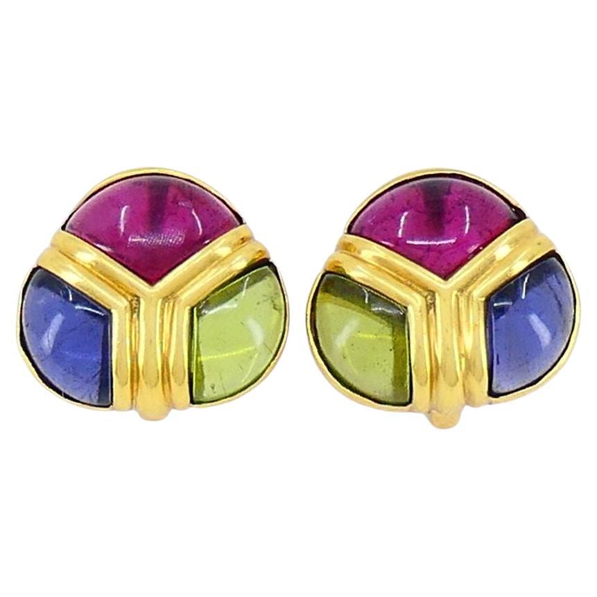 Vintage Bvlgari 18k Gold Saphir Peridot Iolith Edelstein Ohrringe im Angebot