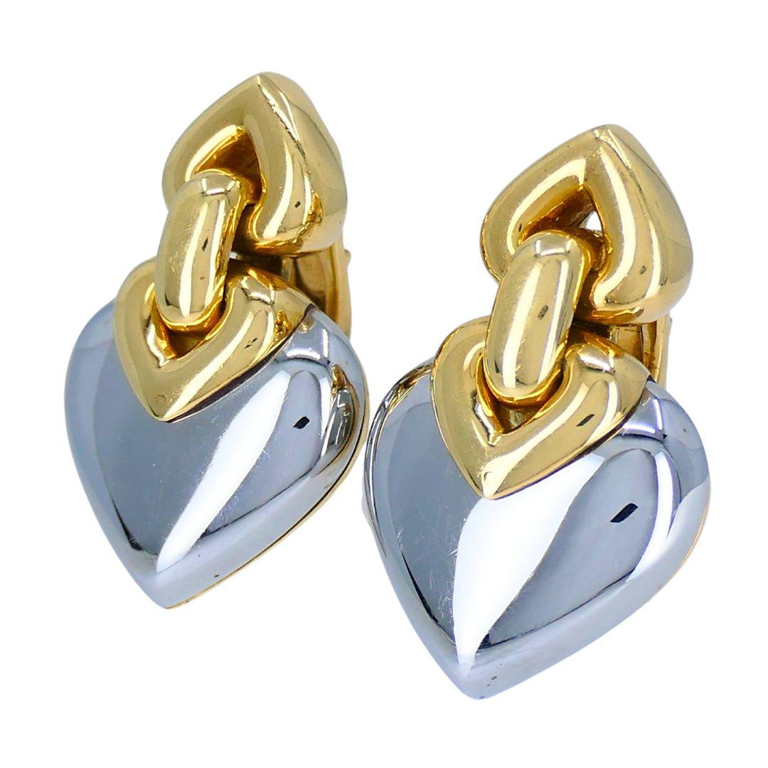 Orecchini Cuore Doppio Cuore Bvlgari d'epoca in oro e acciaio 18k In condizioni buone in vendita a Beverly Hills, CA