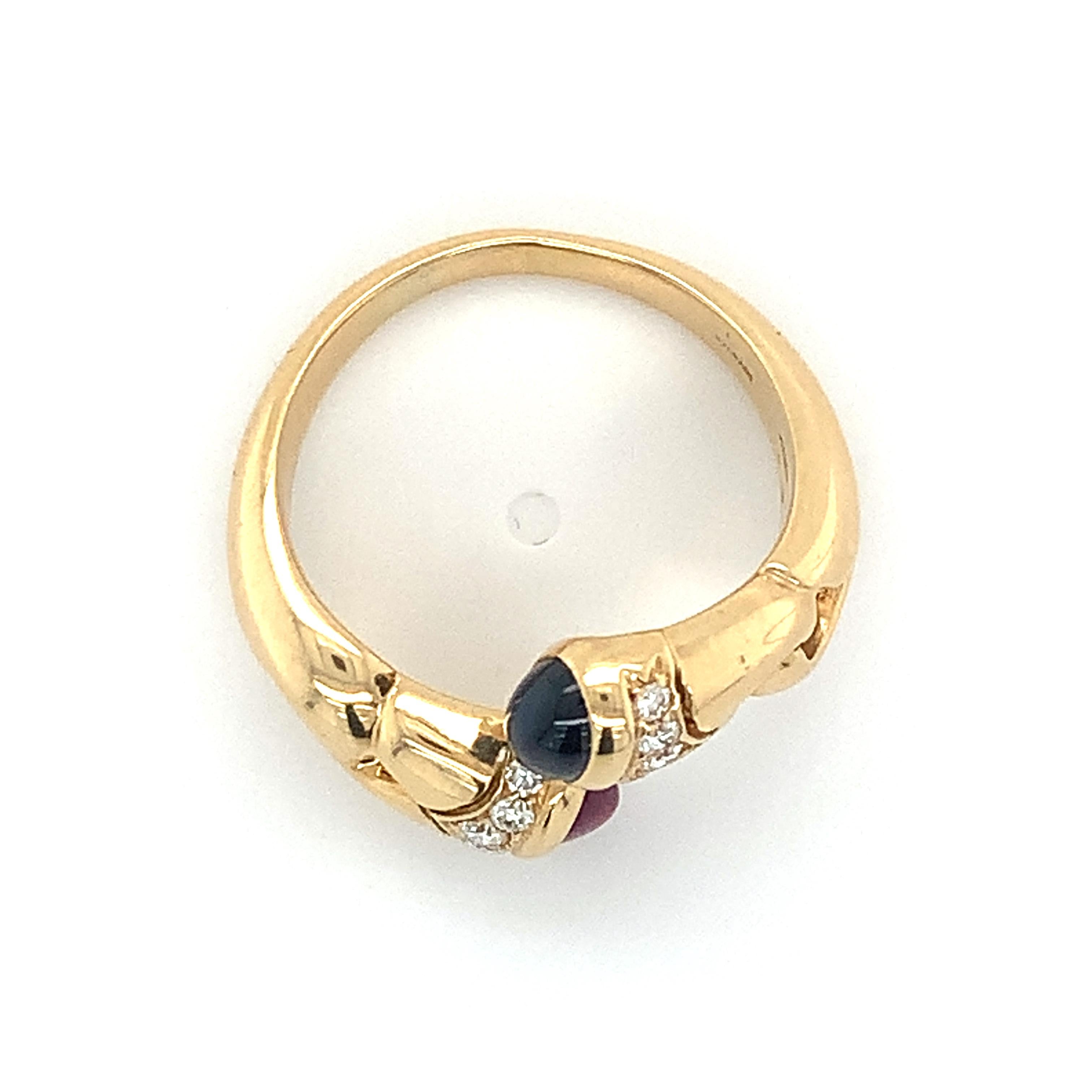 Vintage Bvlgari 18k Yellow Gold Blue Sapphire & Red Ruby W/ Diamond Bypass Ring 5