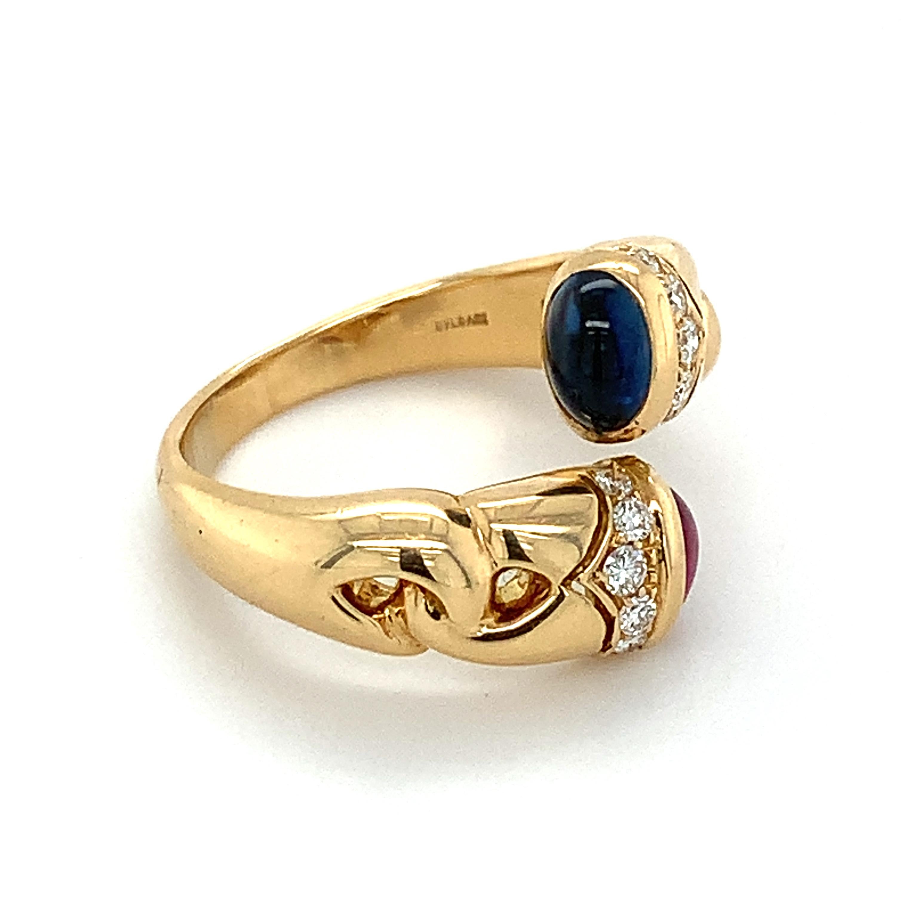 Cabochon Vintage Bvlgari 18k Yellow Gold Blue Sapphire & Red Ruby W/ Diamond Bypass Ring