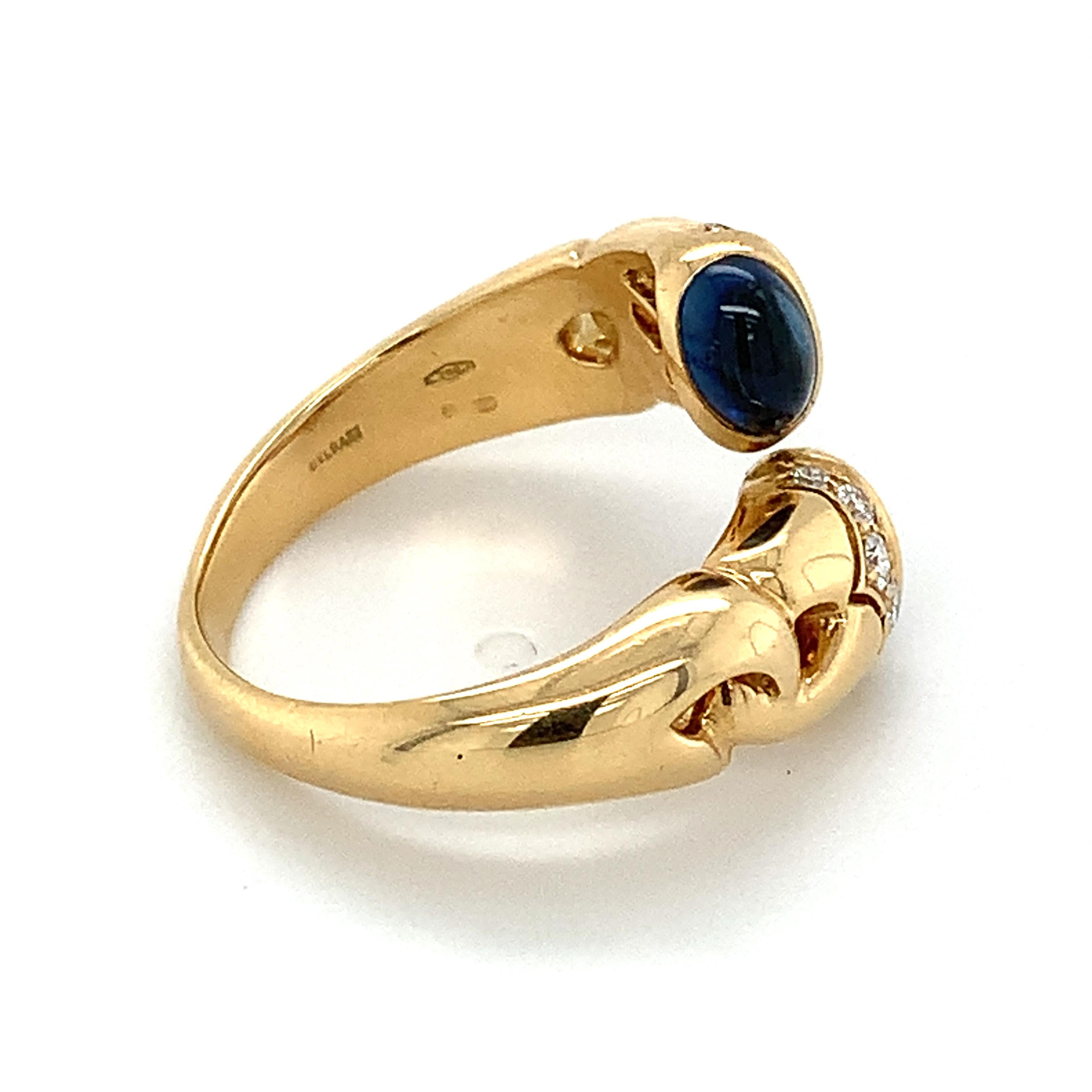Vintage Bvlgari 18k Yellow Gold Blue Sapphire & Red Ruby W/ Diamond Bypass Ring In Good Condition In Montgomery, AL