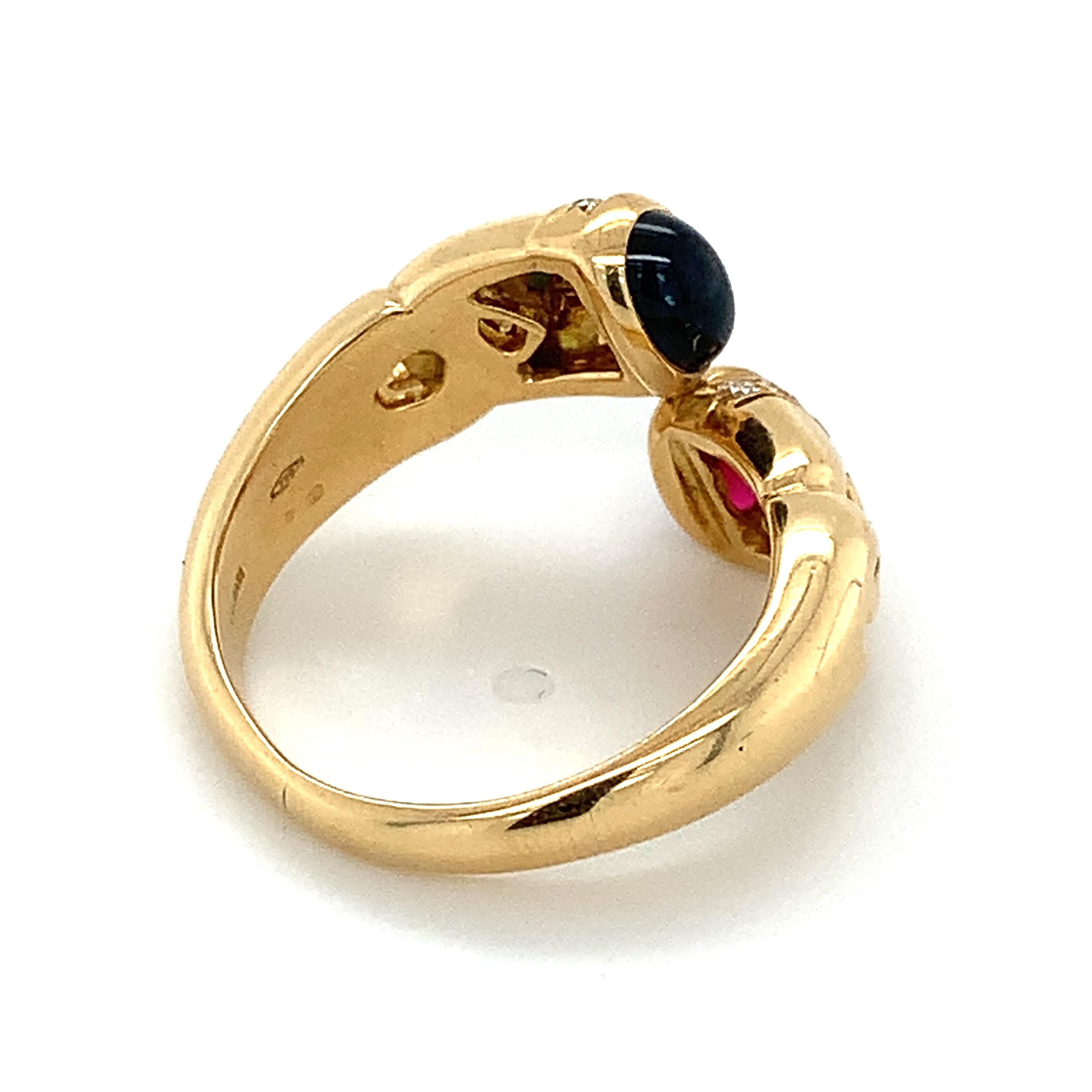 Women's or Men's Vintage Bvlgari 18k Yellow Gold Blue Sapphire & Red Ruby W/ Diamond Bypass Ring