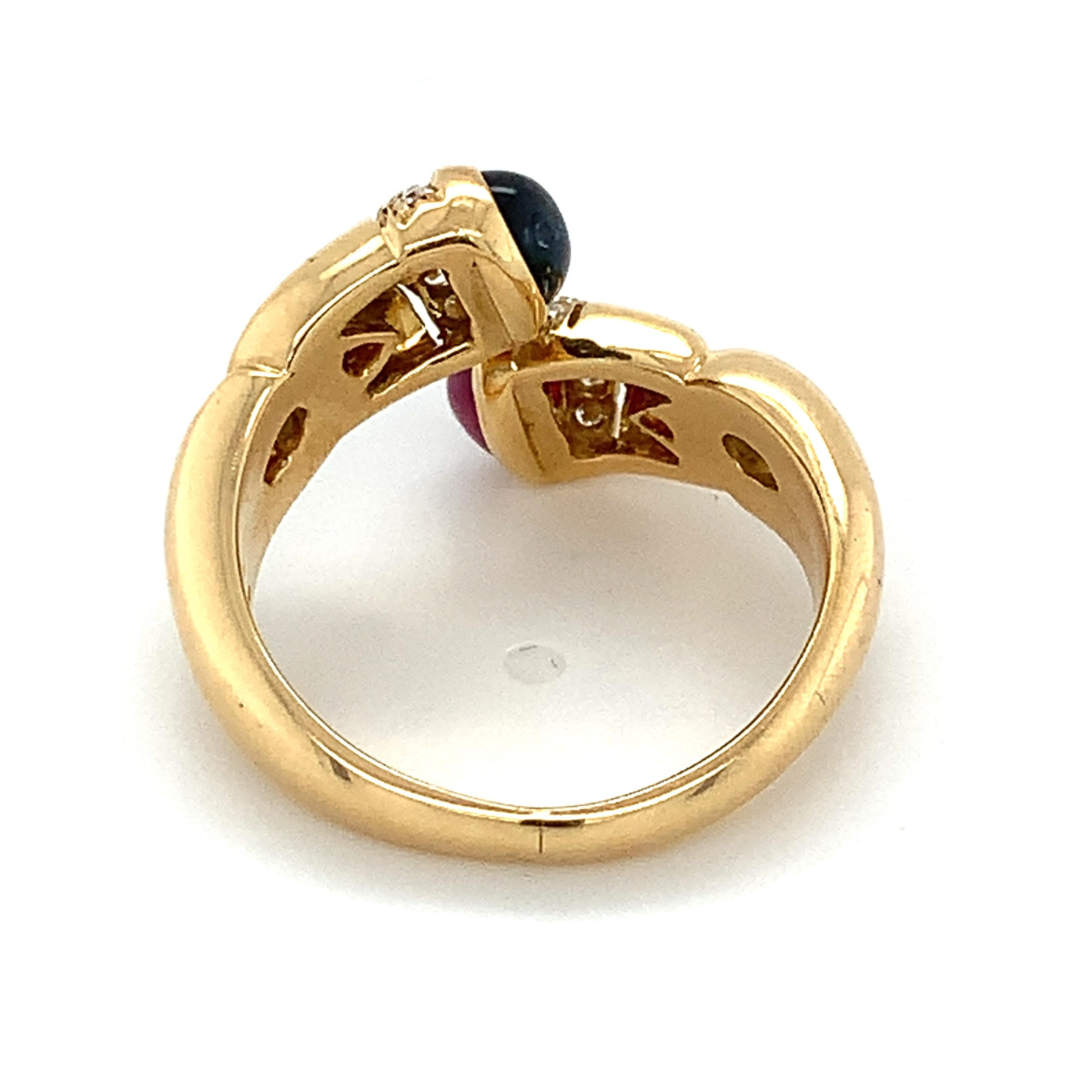 Vintage Bvlgari 18k Yellow Gold Blue Sapphire & Red Ruby W/ Diamond Bypass Ring 1