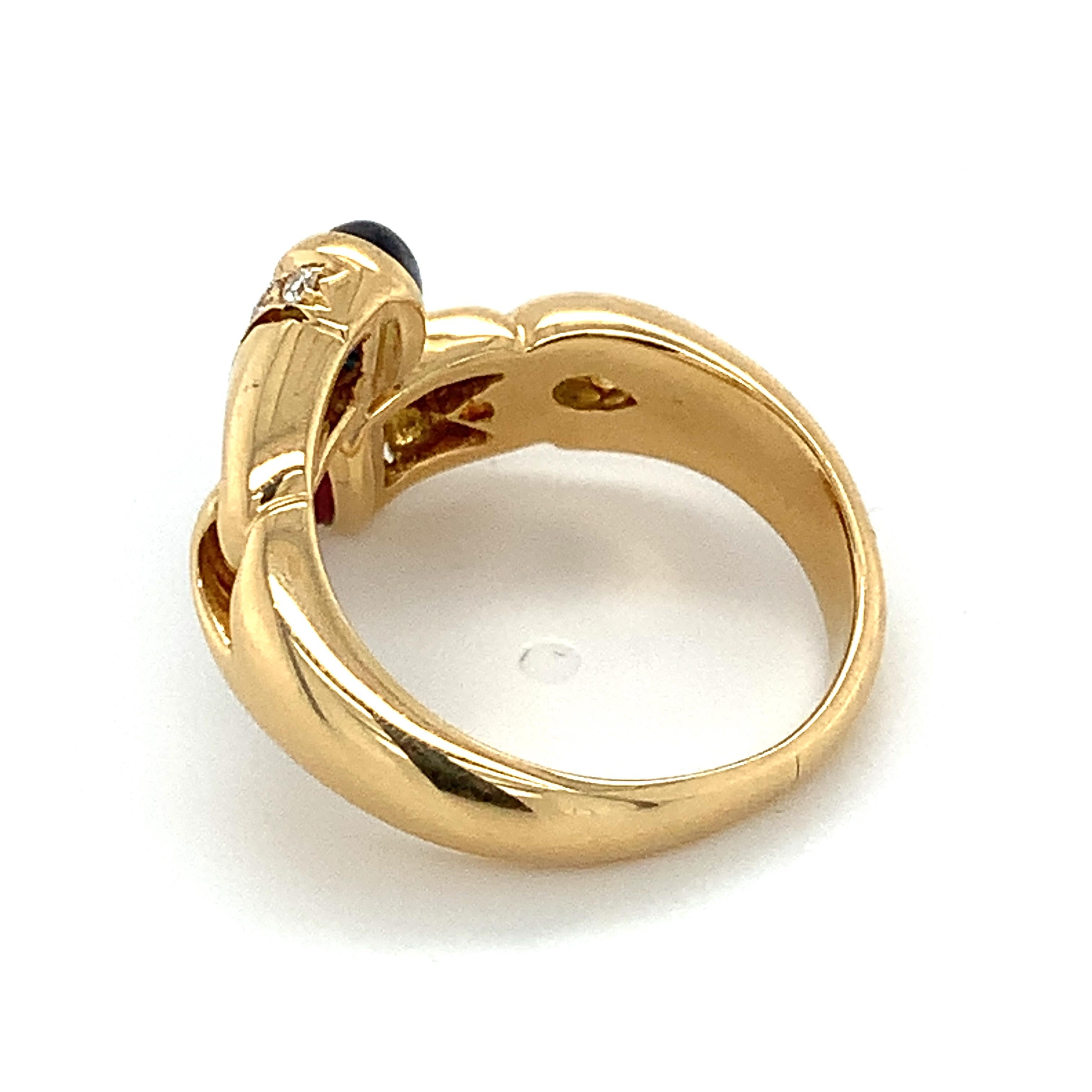 Vintage Bvlgari 18k Yellow Gold Blue Sapphire & Red Ruby W/ Diamond Bypass Ring 2