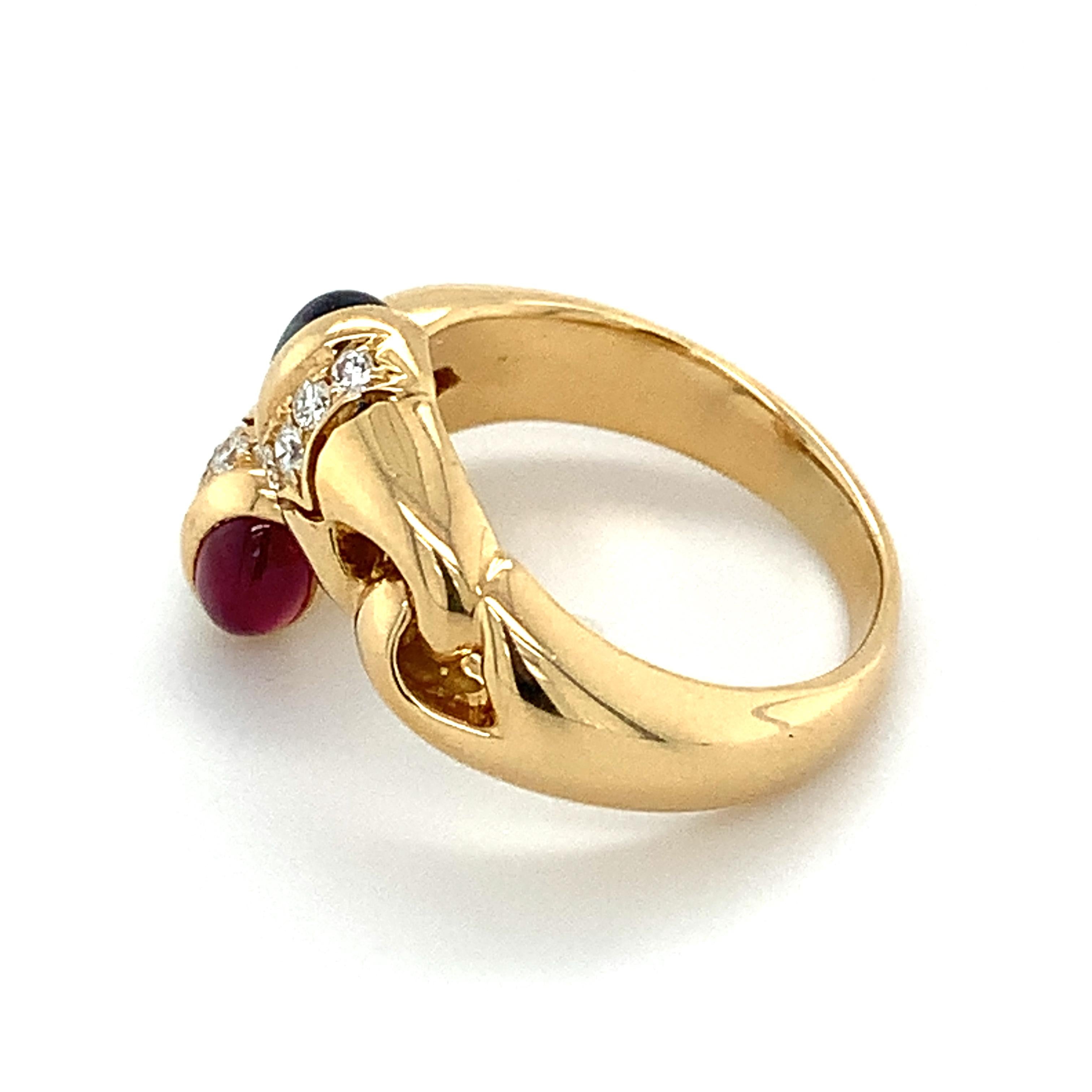 Vintage Bvlgari 18k Yellow Gold Blue Sapphire & Red Ruby W/ Diamond Bypass Ring 3
