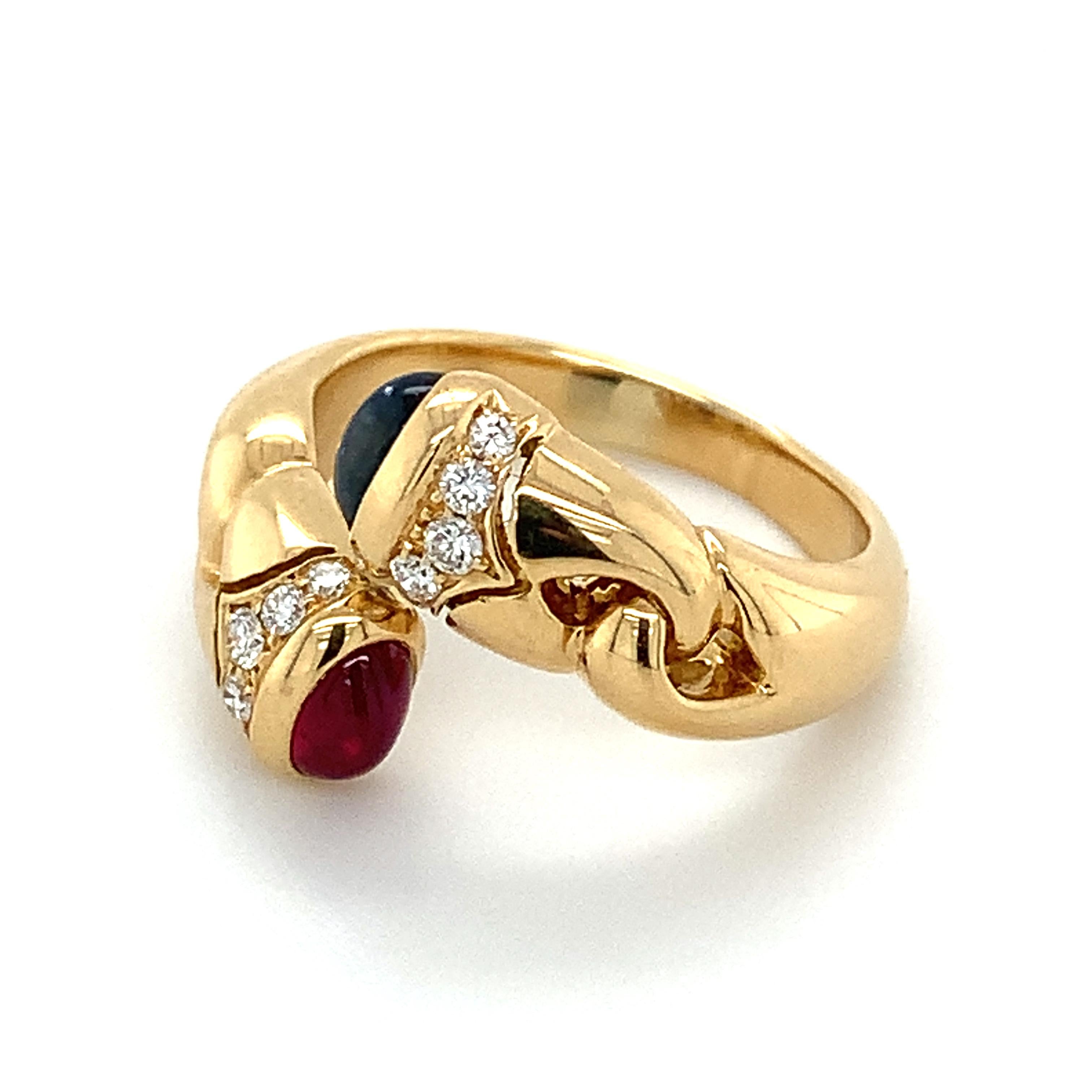Vintage Bvlgari 18k Yellow Gold Blue Sapphire & Red Ruby W/ Diamond Bypass Ring 4