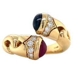 Vintage Bvlgari 18k Yellow Gold Blue Sapphire & Red Ruby W/ Diamond Bypass Ring