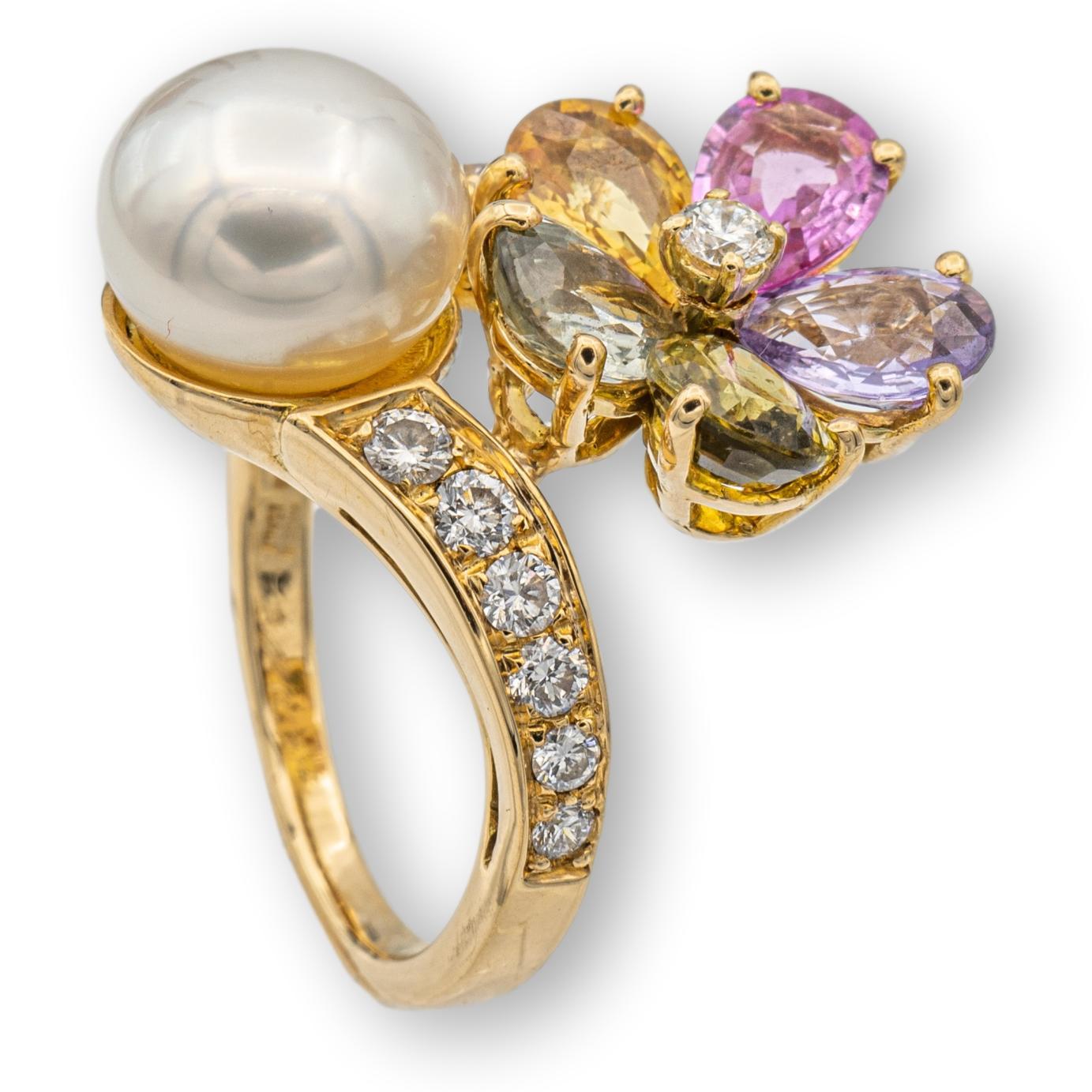 Vintage Bvlgari 18 Karat Gold Kontraire Mehrfarbiger Saphir-Diamant-Perlenring (Retro) im Angebot