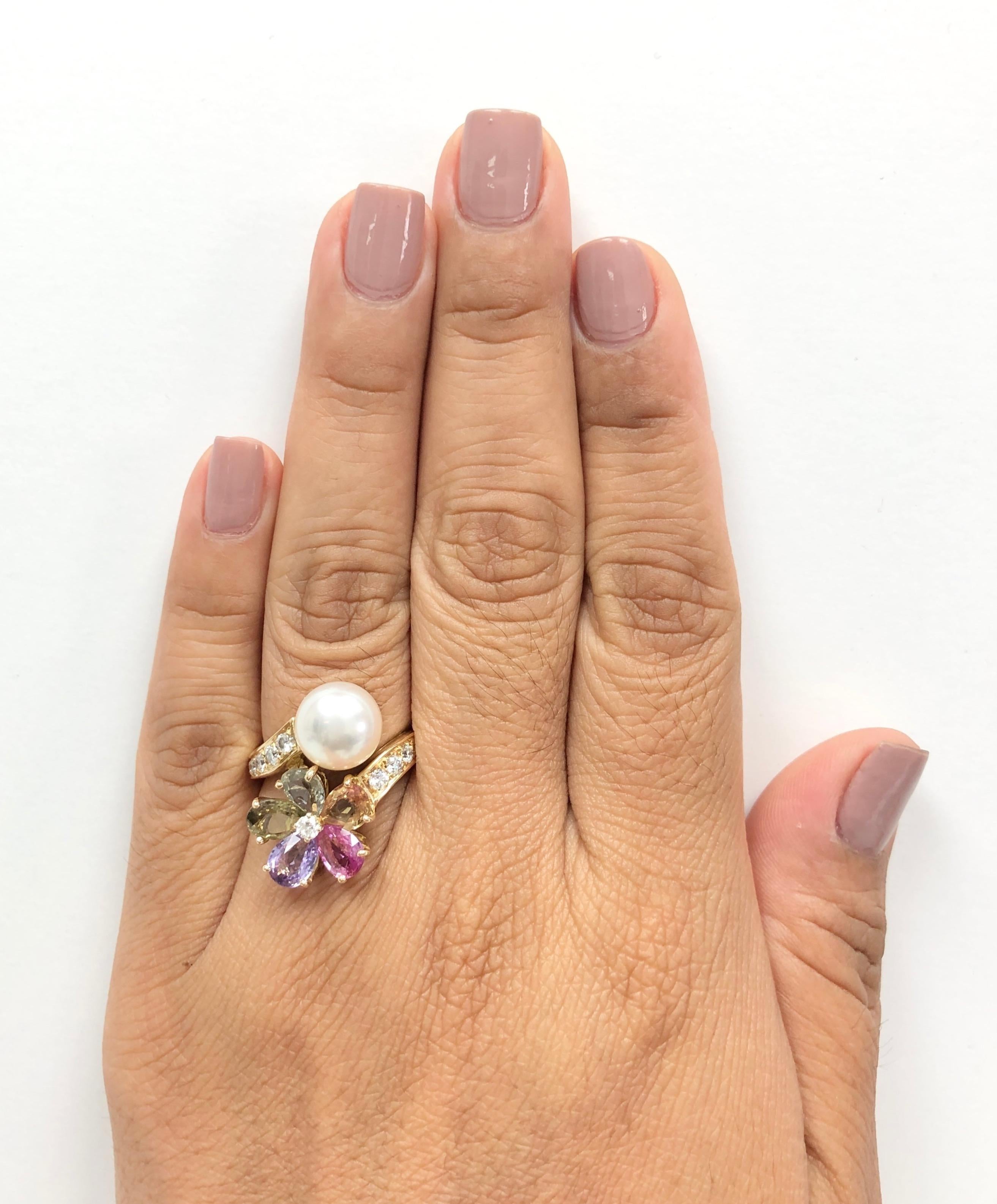 Women's Vintage Bvlgari 18K Gold Contraire Multi-Color Sapphire Diamond Pearl Ring For Sale