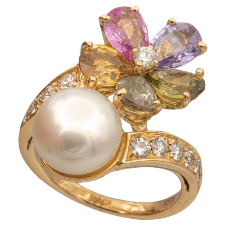 Vintage Bvlgari 18K Gold Contraire Multi-Color Sapphire Diamond Pearl Ring For Sale