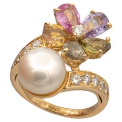Vintage Bvlgari 18K Gold Contraire Multi-Color Sapphire Diamond Pearl Ring