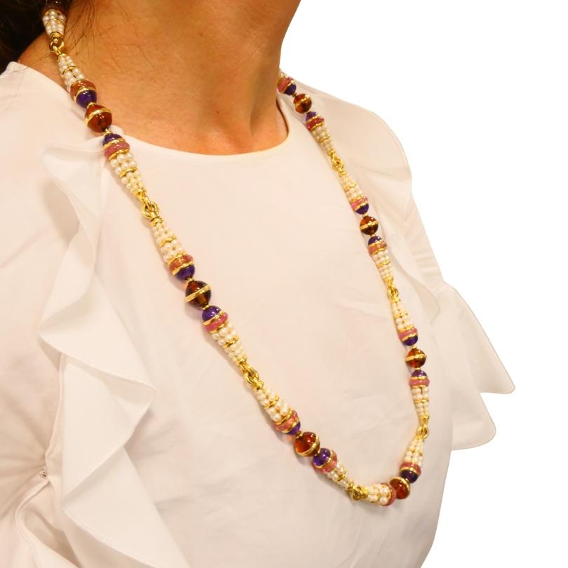 Taille mixte Vintage Bvlgari 1990s Bulgari 18k Gold Gemstone Pearl Necklace Estate Jewelry en vente