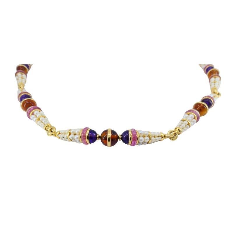 Vintage Bvlgari 1990s Bulgari 18k Gold Gemstone Pearl Necklace Estate Jewelry Bon état - En vente à Beverly Hills, CA