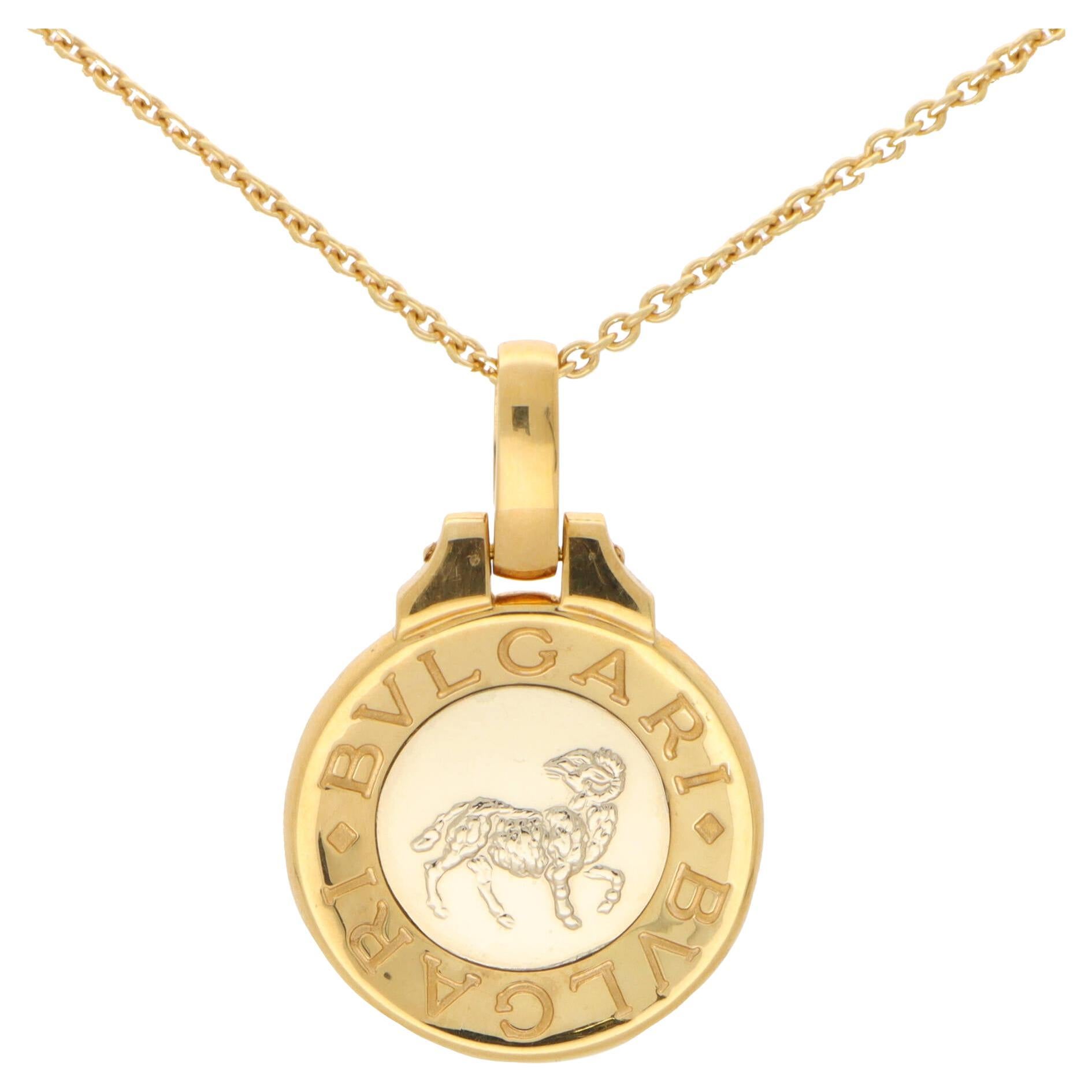 Vintage Bvlgari Aries Zodiac Pendant in 18k Yellow Gold and Stainless Steel For Sale