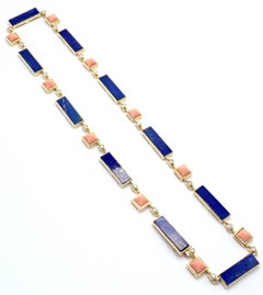 Vintage Bvlgari Bulgari Diamond Coral Lapis Lazuli Yellow Gold Chain Necklace