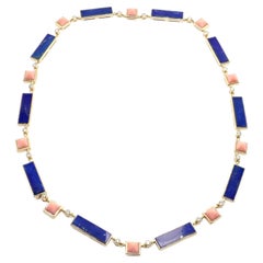 Vintage Bvlgari Bulgari Diamond Coral Lapis Lazuli Yellow Gold Chain Necklace