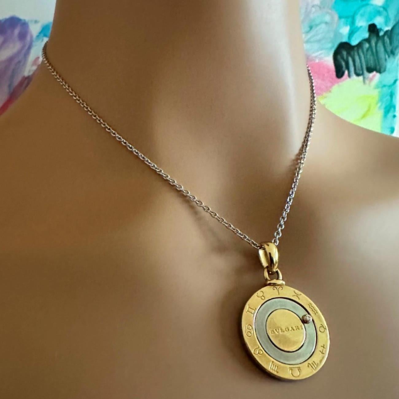 Brilliant Cut Vintage Bvlgari Bulgari Diamond Horoscope Zodiac Gold Steel Pendant Necklace