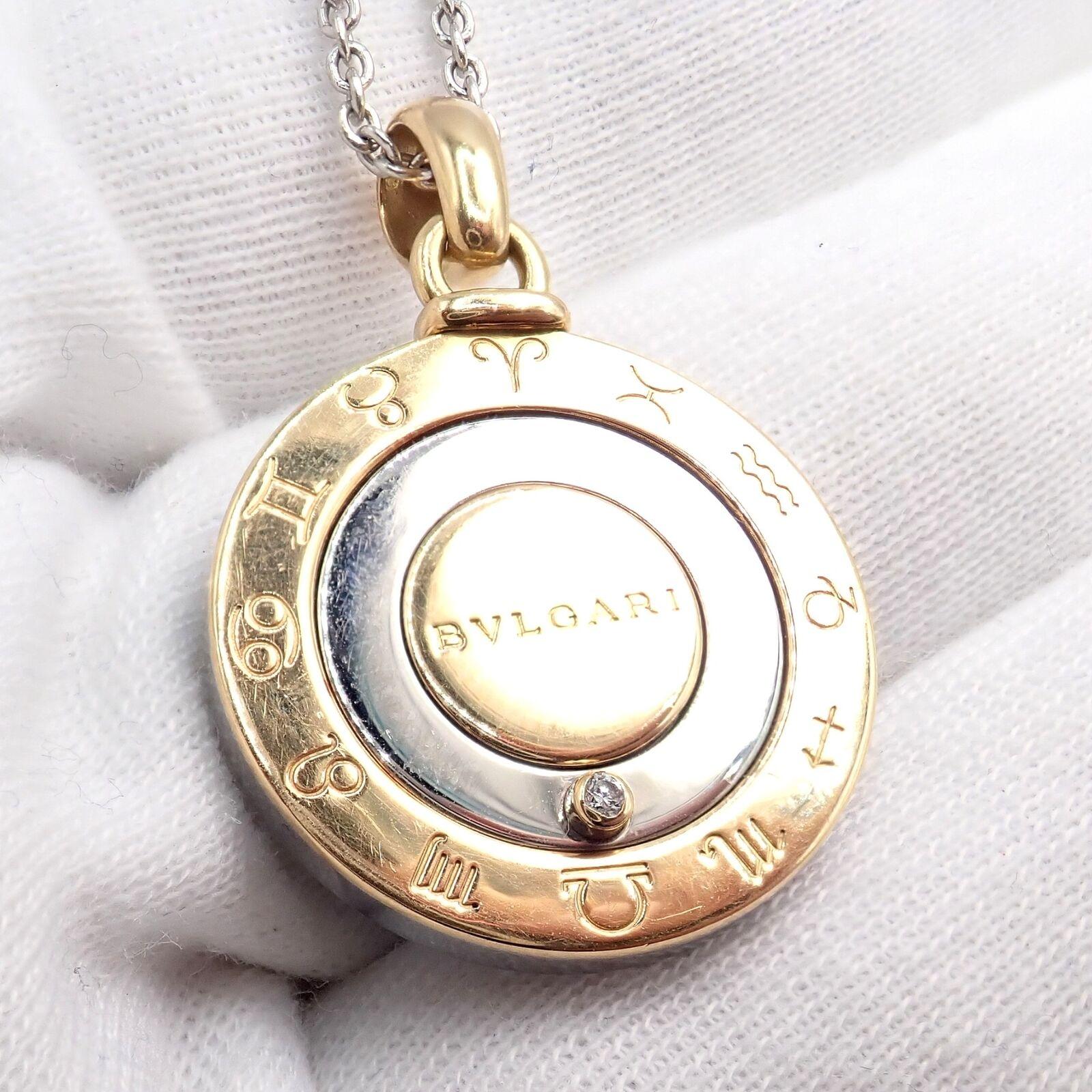 Vintage Bvlgari Bulgari Diamond Horoscope Zodiac Gold Steel Pendant Necklace In Excellent Condition In Southampton, PA