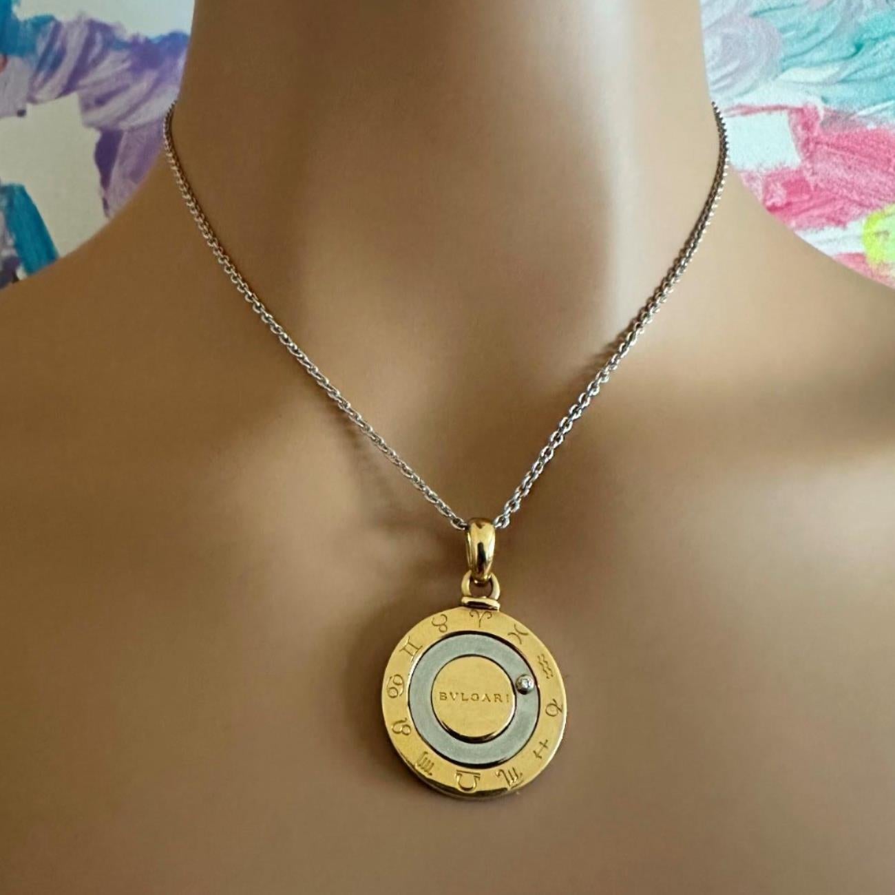 Vintage Bvlgari Bulgari Diamond Horoscope Zodiac Gold Steel Pendant Necklace 1