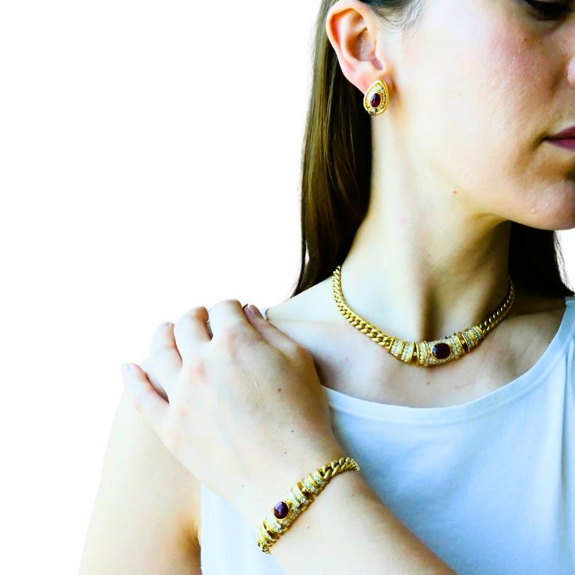 Mixed Cut Vintage Bvlgari Bulgari Ruby Diamond Jewelry Set 18k Gold Estate Jewelry For Sale