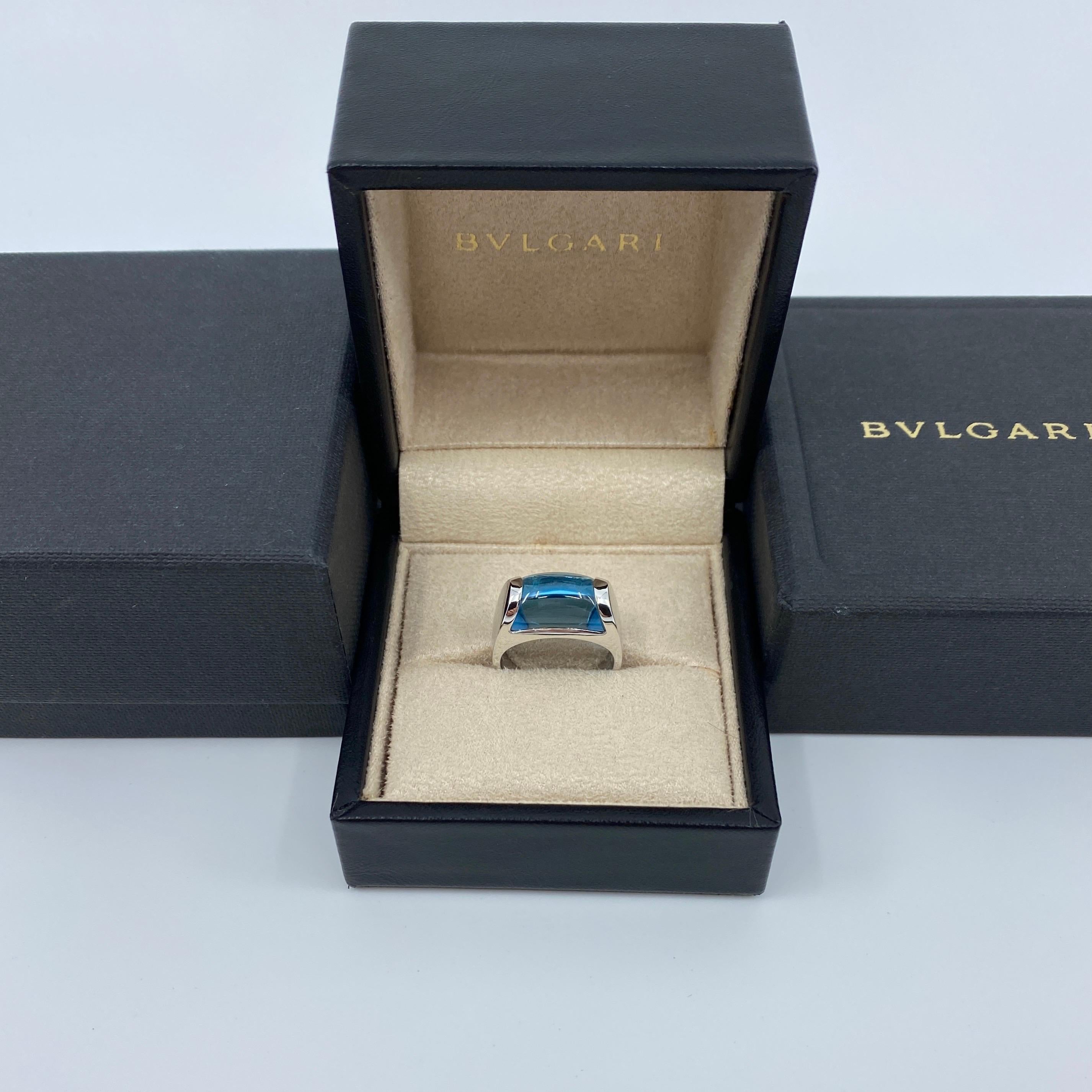 Vintage Bvlgari Blue Topaz Tronchetto 18k White Gold Ring.

Beautiful domed blue topaz set in a fine 18k white gold tension set ring.

In excellent condition, has been professionally polished and cleaned.

Well made, heavy Italian ring. Weighs