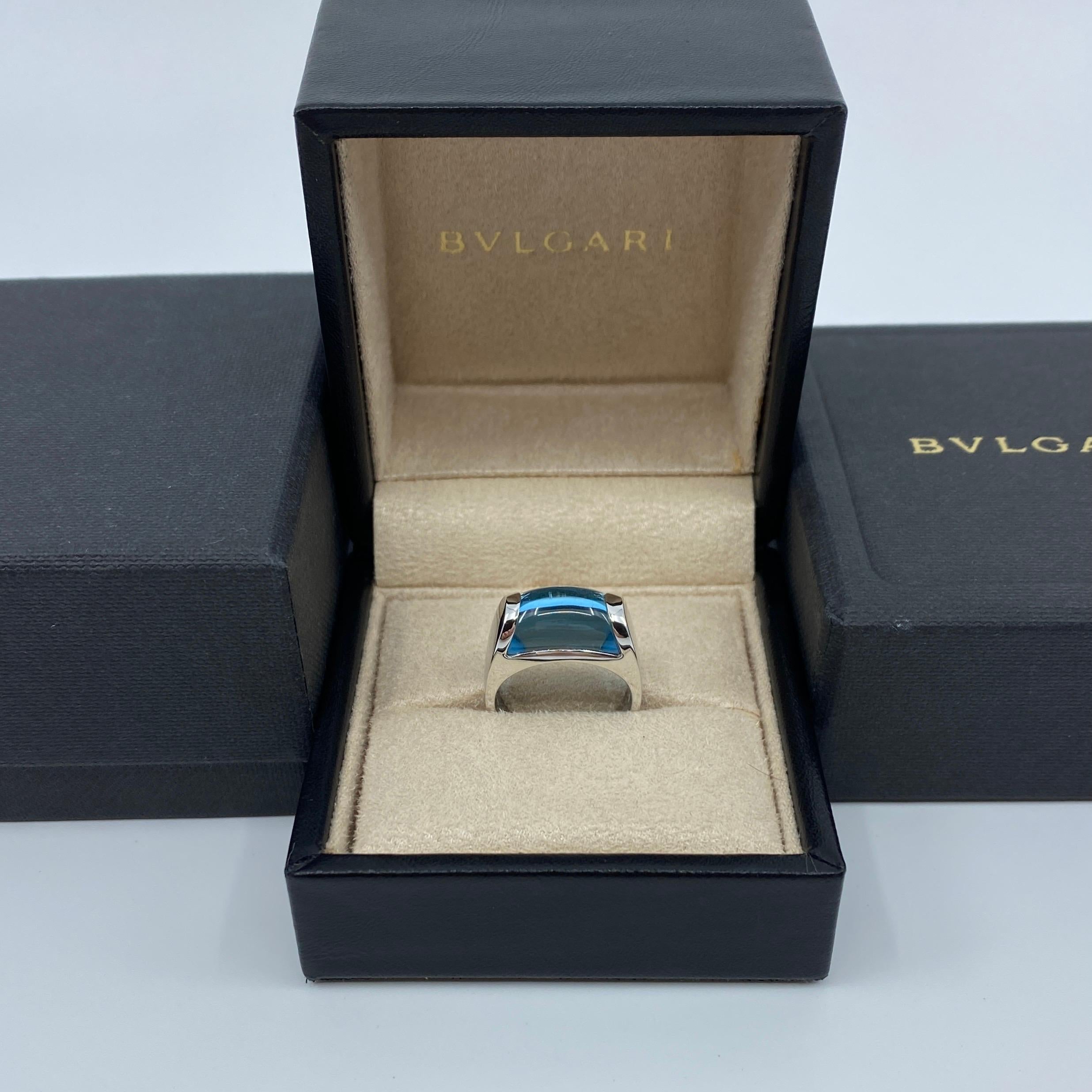 Vintage Bvlgari Bulgari Tronchetto 18 Karat White Gold Blue Topaz Ring with Box In Excellent Condition In Birmingham, GB