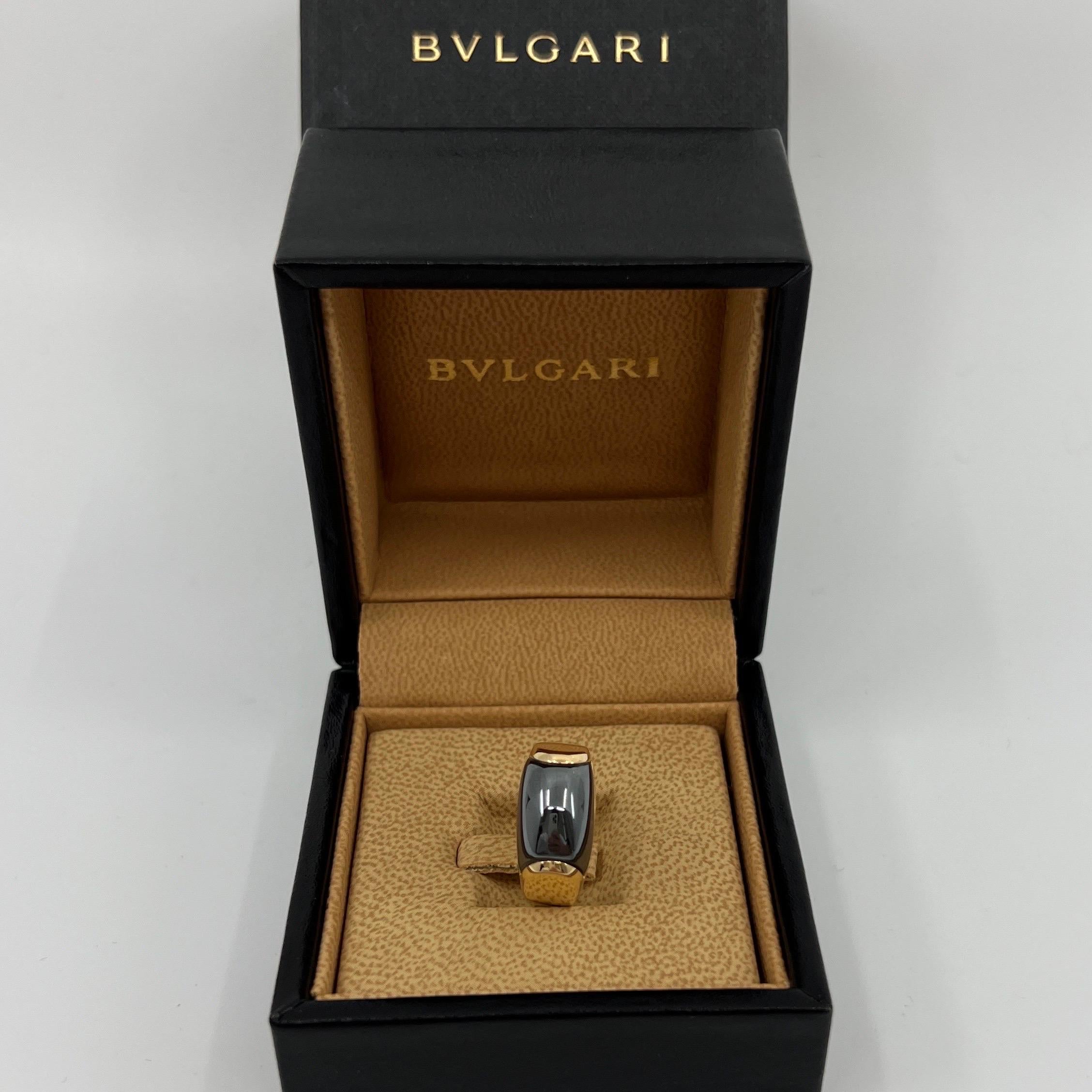 Vintage Bvlgari Hematite Tronchetto 18k Yellow Gold Ring.

Beautiful domed hematite set in a fine 18k yellow gold tension set ring.

In excellent condition, has been professionally polished and cleaned.

Ring size UK L - US 6 - EU 51.5 

Comes with