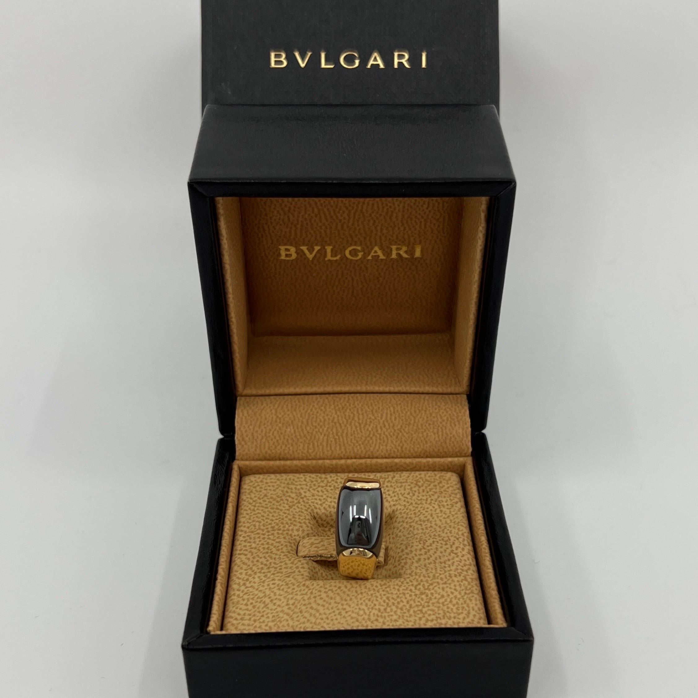 Cabochon Vintage Bvlgari Bulgari Tronchetto 18k Yellow Gold Hematite Ring with Box 51.5
