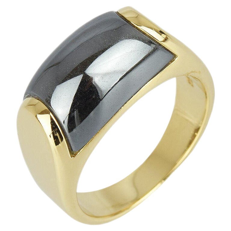 Vintage Bvlgari Bulgari Tronchetto 18k Yellow Gold Hematite Ring with Box 51.5