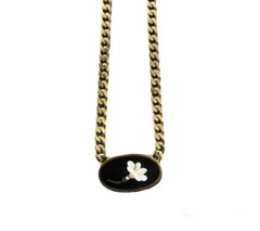 Vintage Bvlgari Cuban Link Chain Necklace with Floral Enamel Motif Oval Pendant