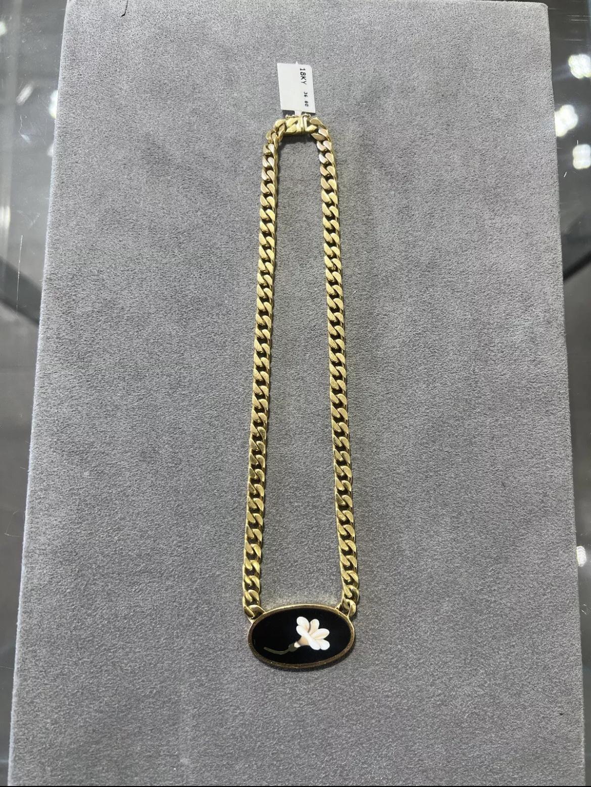 Vintage Bvlgari Cuban Link Chain Necklace with Floral Enamel Motif Oval Pendant In Excellent Condition In Great Neck, NY