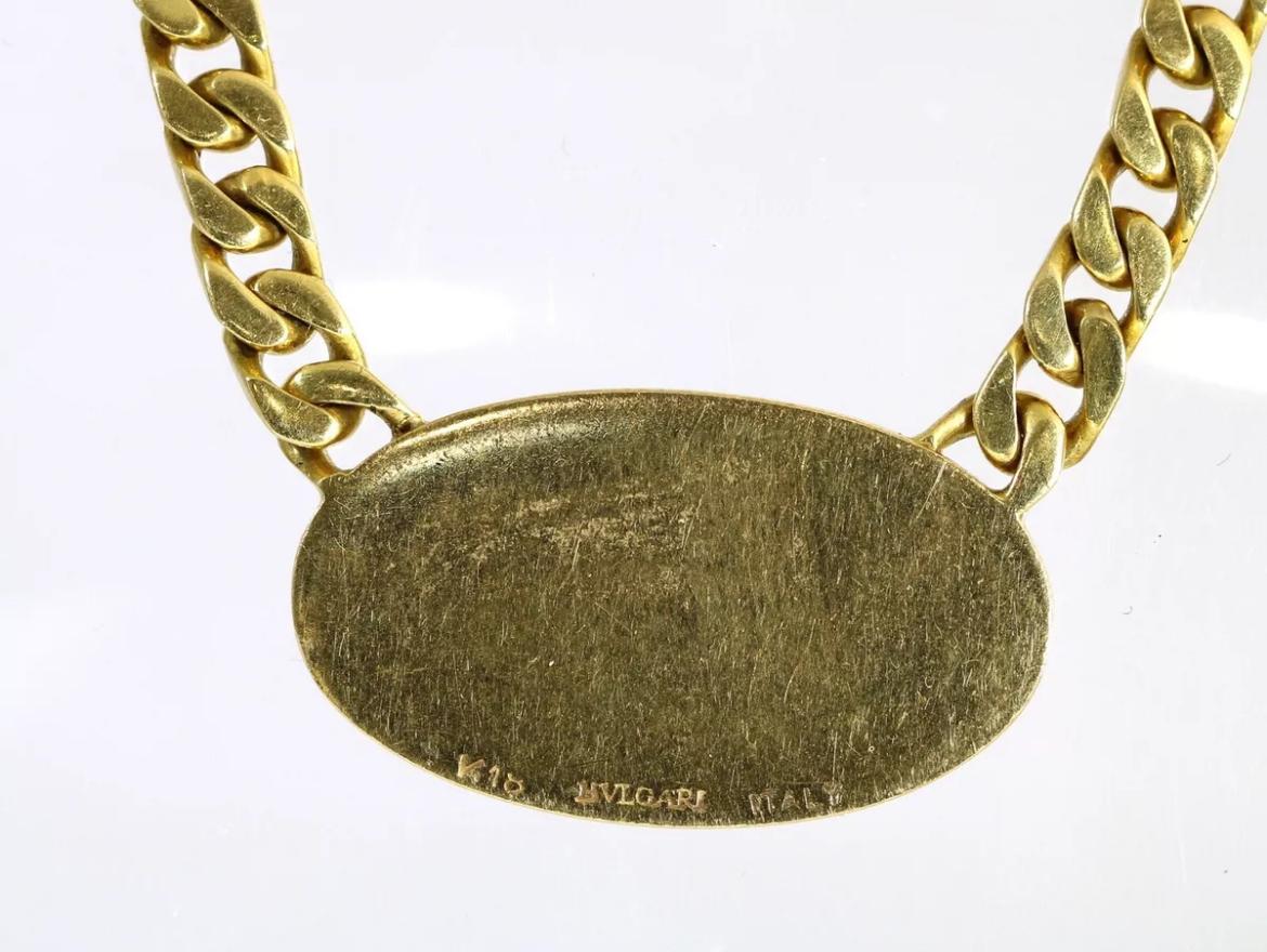 Women's Vintage Bvlgari Cuban Link Chain Necklace with Floral Enamel Motif Oval Pendant