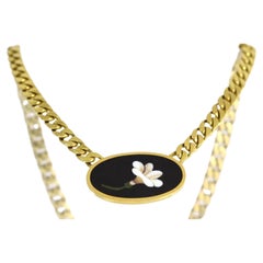 Vintage Bvlgari Cuban Link Chain Necklace with Floral Enamel Motif Oval Pendant