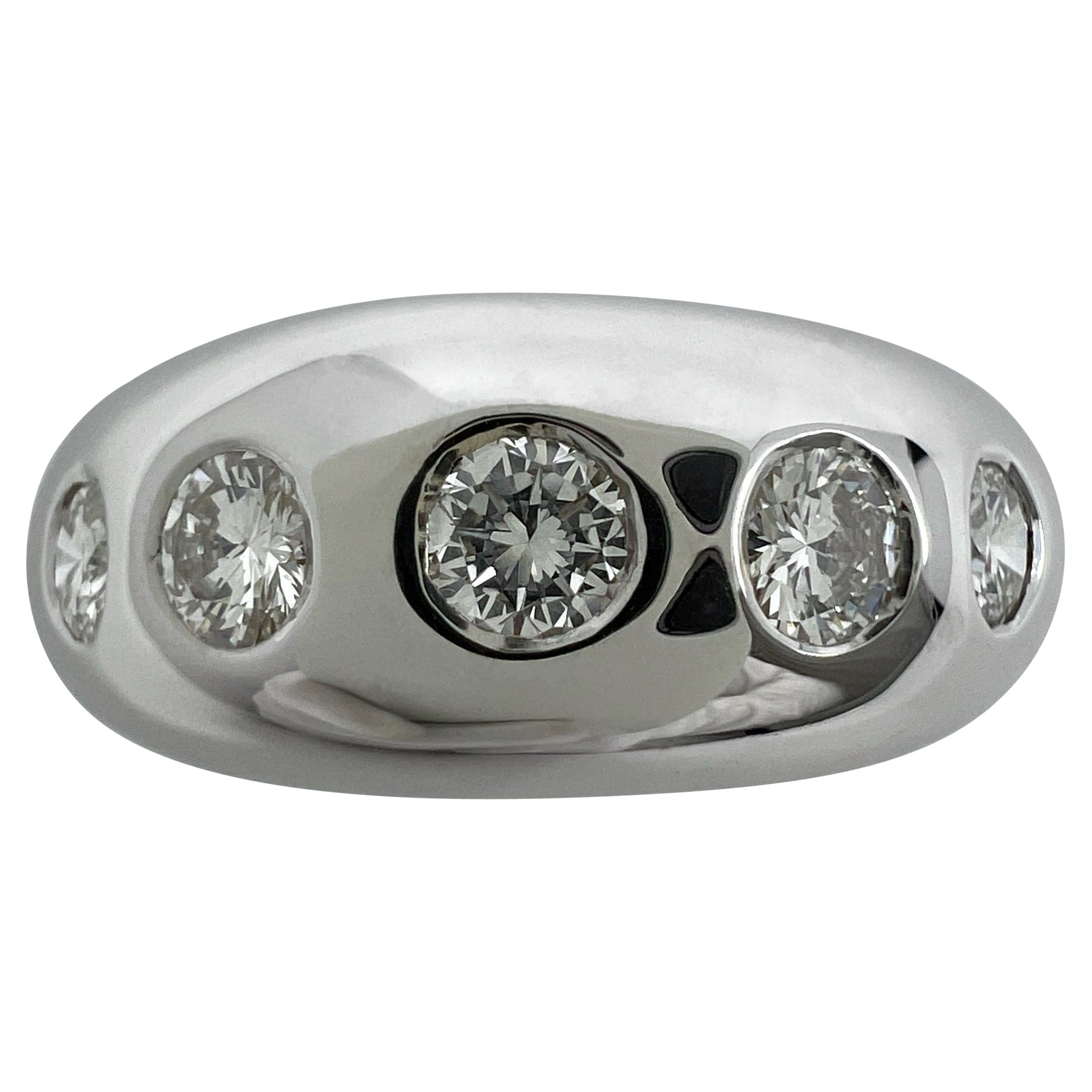 Vintage Bvlgari Diamond 18k White Gold Five Stone Flush Set Dome Signet Ring