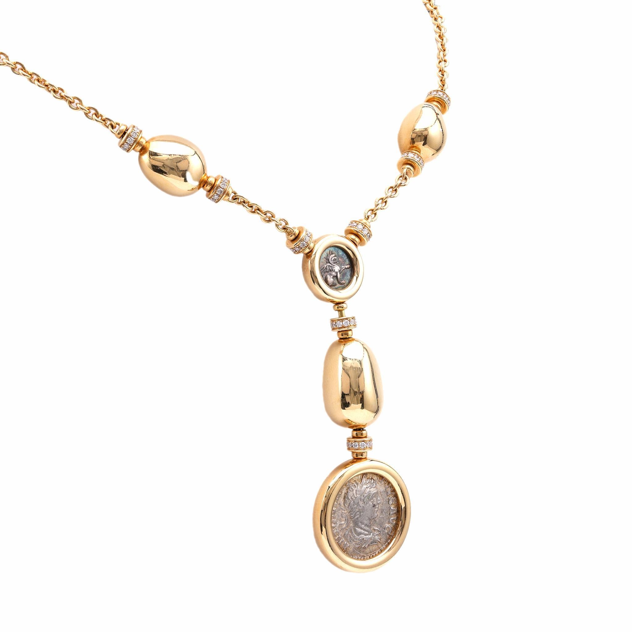Vintage BVLGARI Diamant 18K Gelbgold Monete Lariat Halskette, Vintage (Brillantschliff)