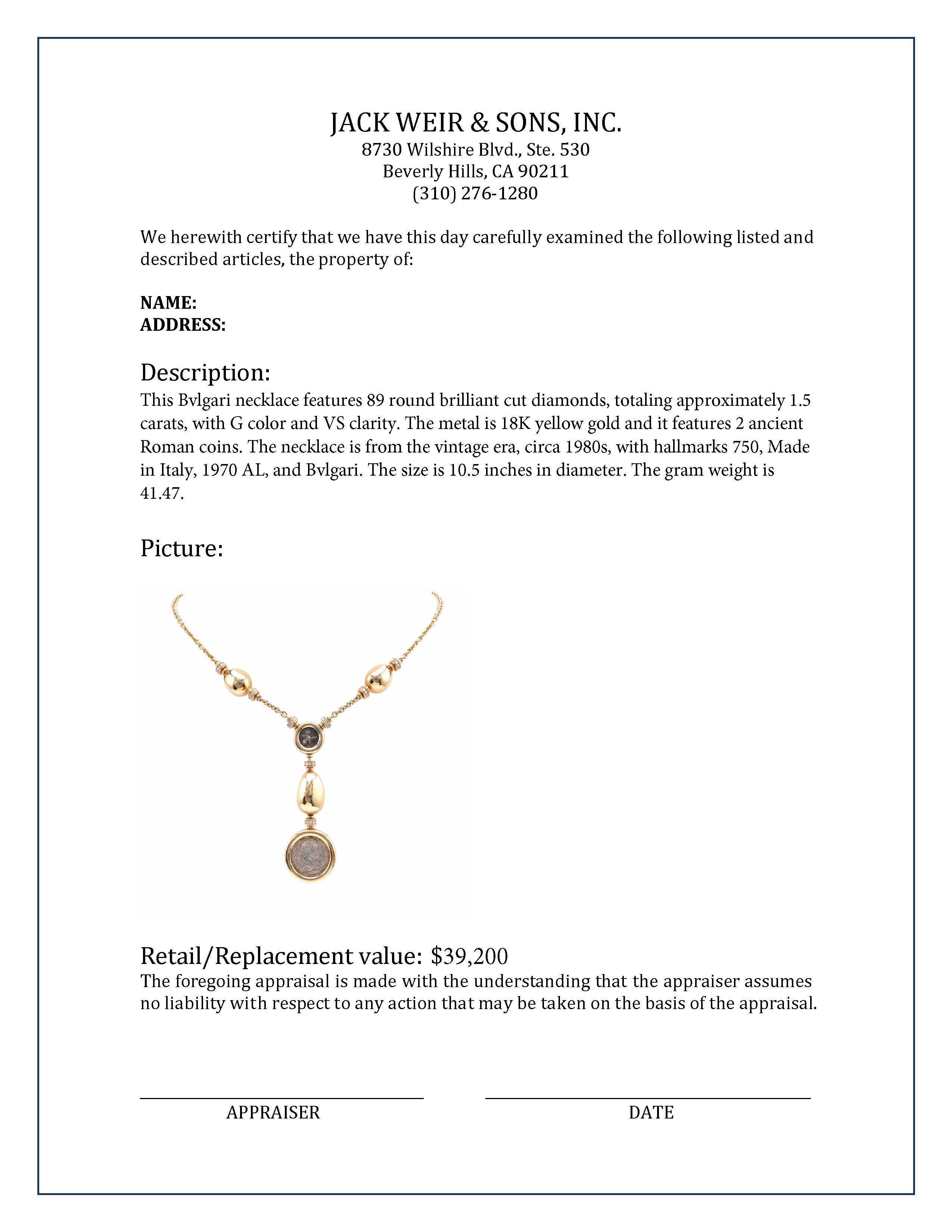 Vintage BVLGARI Diamant 18K Gelbgold Monete Lariat Halskette, Vintage im Zustand „Hervorragend“ in Beverly Hills, CA