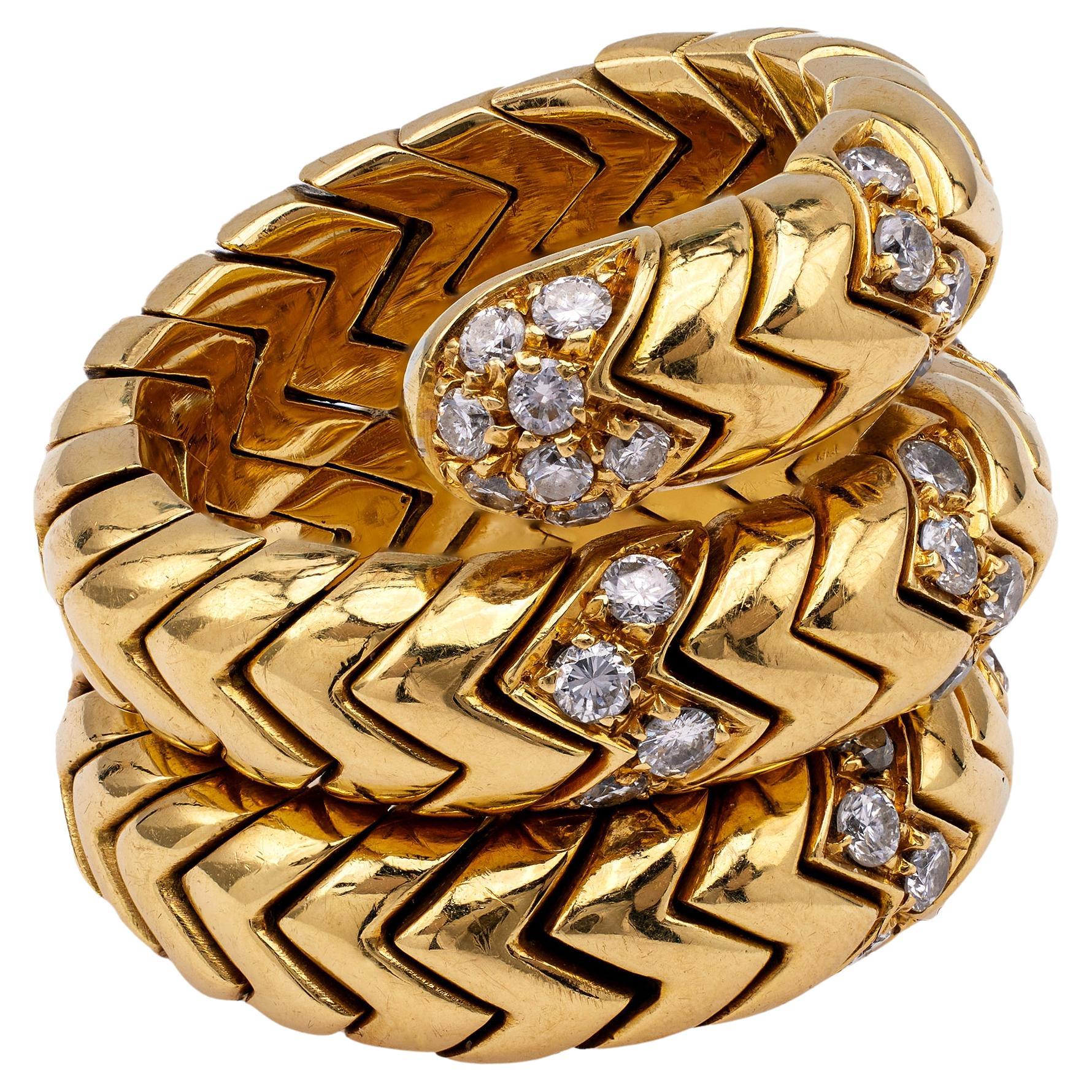 Vintage Bvlgari Diamond 18k Yellow Gold Spiga Wrap Ring For Sale at 1stDibs