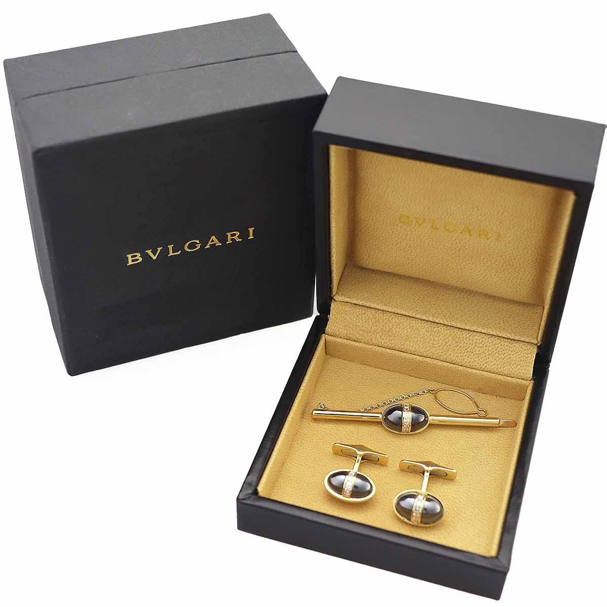 Vintage BVLGARI Diamond Hematite 18K YG PG One Pair of Cufflinks and Tie Pin Set For Sale 5