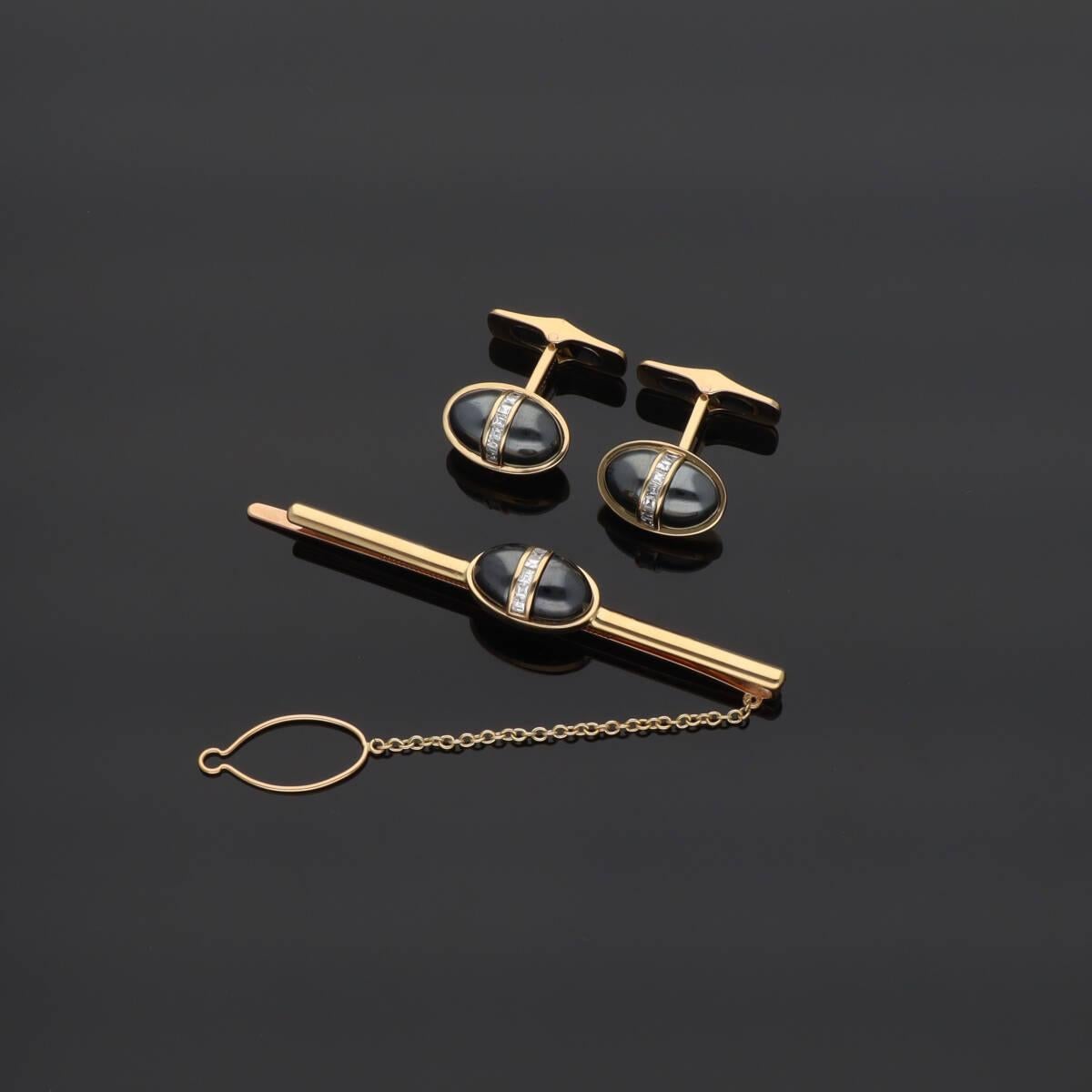 Vintage BVLGARI Diamond Hematite 18K YG PG One Pair of Cufflinks and Tie Pin Set For Sale 6