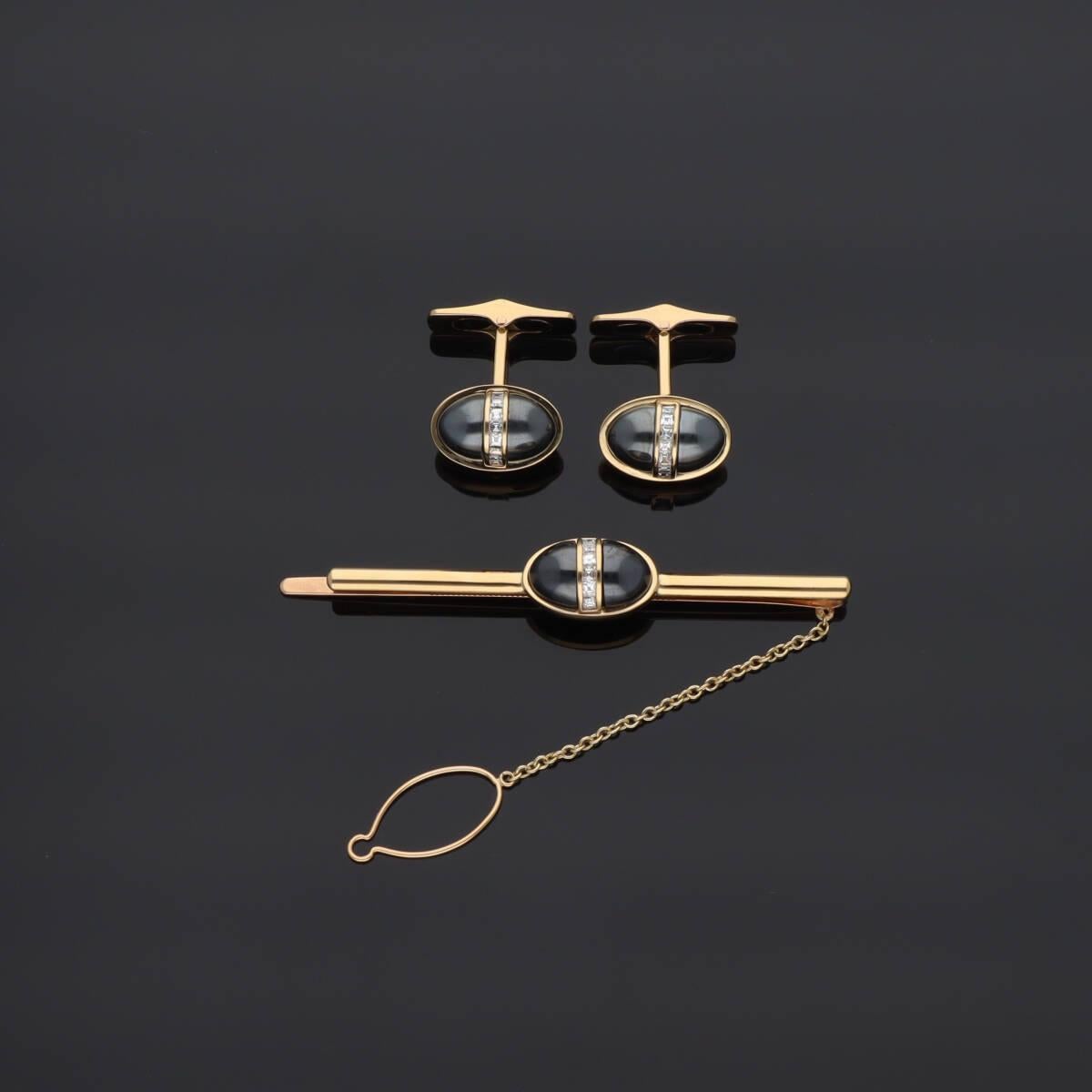 Vintage BVLGARI Diamond Hematite 18K YG PG One Pair of Cufflinks and Tie Pin Set For Sale 7