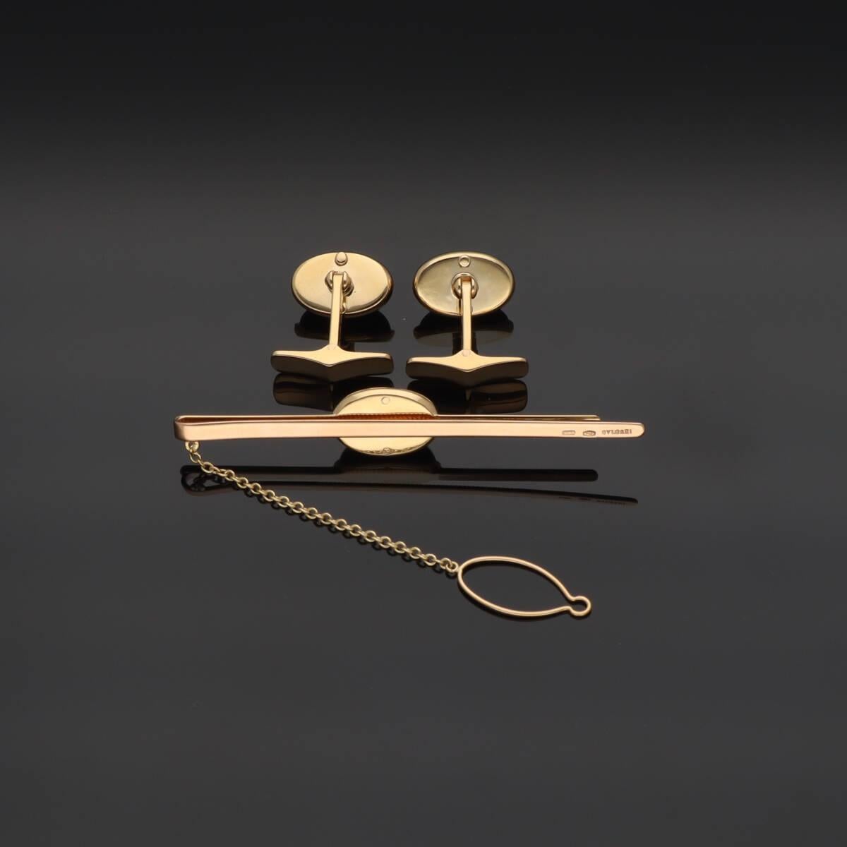 Vintage BVLGARI Diamond Hematite 18K YG PG One Pair of Cufflinks and Tie Pin Set For Sale 8