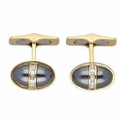 Vintage BVLGARI Diamond & Hematite Cufflinks and Tie Pin Set in 18K Yellow/Pink