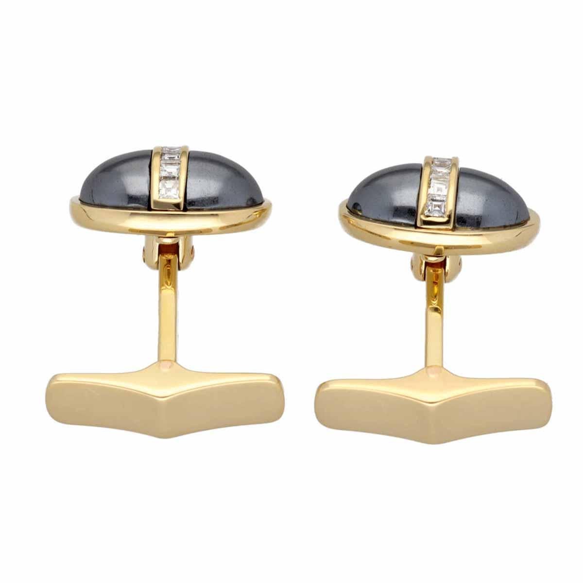 Vintage BVLGARI Diamond Hematite 18K YG PG One Pair of Cufflinks and Tie Pin Set In Good Condition For Sale In Tokyo, JP