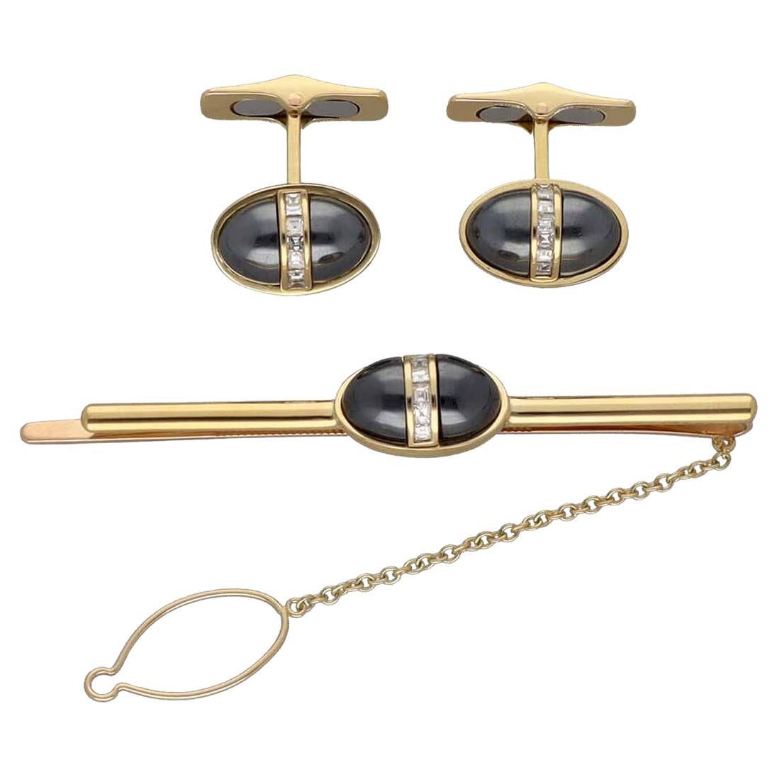 Vintage BVLGARI Diamond Hematite 18K Yellow Gold Pink Gold Cufflinks Tie Pin Set