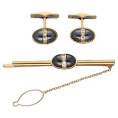Vintage BVLGARI Diamond Hematite 18K Yellow Gold Pink Gold Cufflinks Tie Pin Set