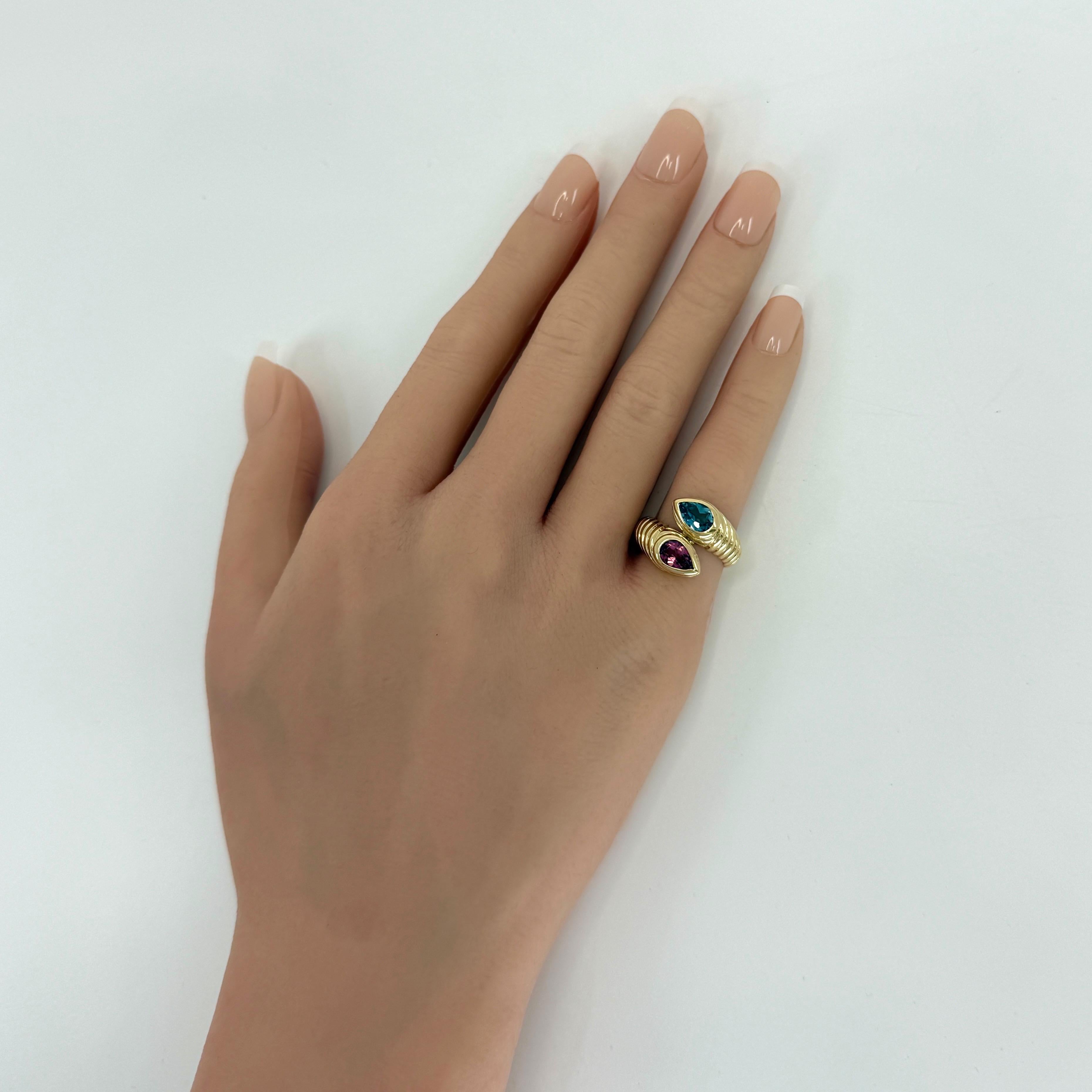 Vintage Bvlgari Doppio Baccellato Turmalin & Topas 18k Gelbgold Bypass Ring im Angebot 5