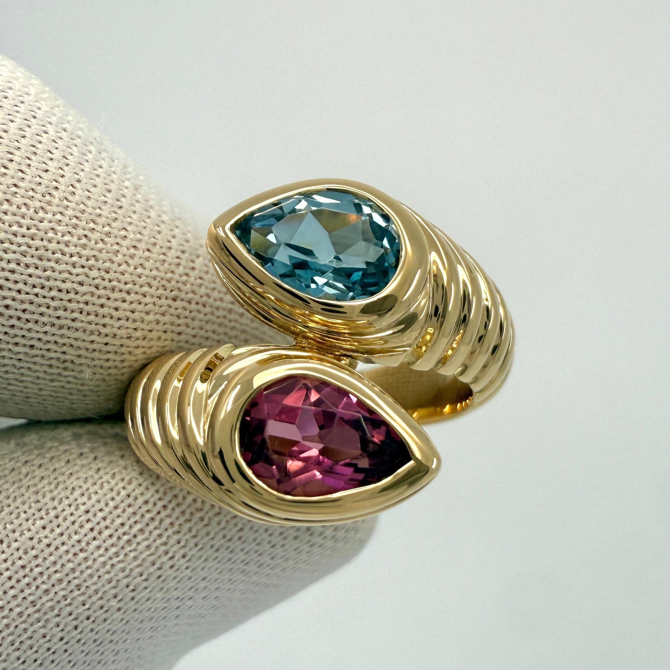 Vintage Bvlgari Doppio Baccellato Turmalin & Topas 18k Gelbgold Bypass Ring (Tropfenschliff) im Angebot