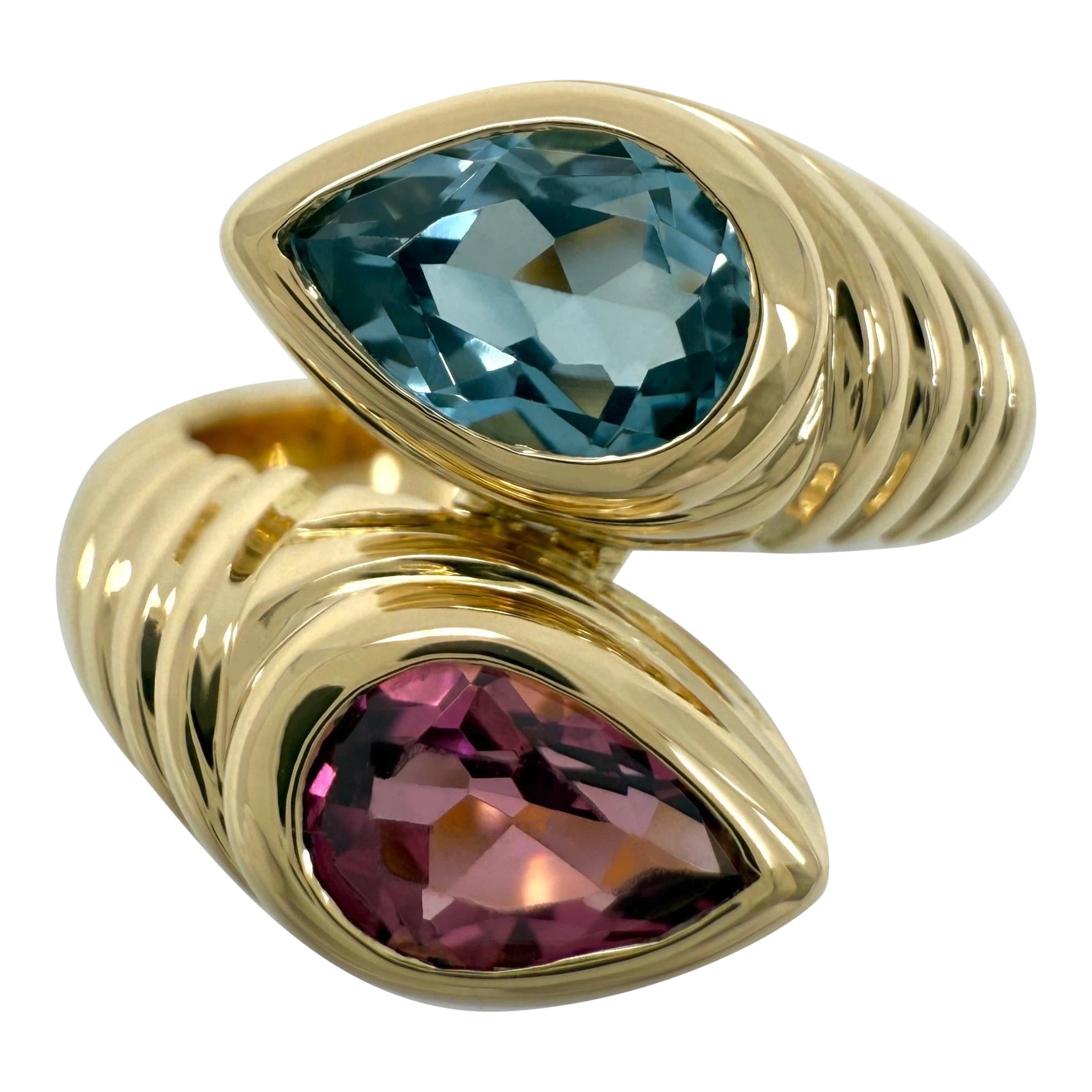 Vintage Bvlgari Doppio Baccellato Turmalin & Topas 18k Gelbgold Bypass Ring im Angebot