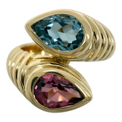 Anello Vintage By Bvlgari Doppio Baccellato con tormalina e topazio in oro giallo 18 carati